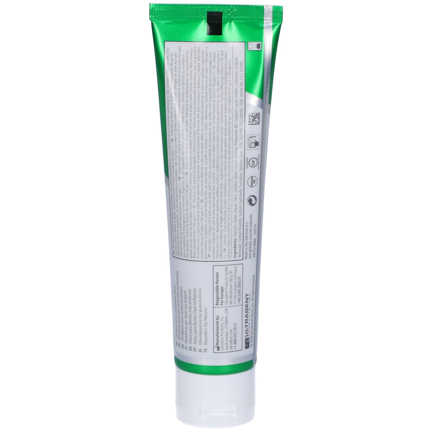 Retro del tubetto di dentifricio. Testo in più lingue. Sfondo bianco, elementi verdi e grigi.