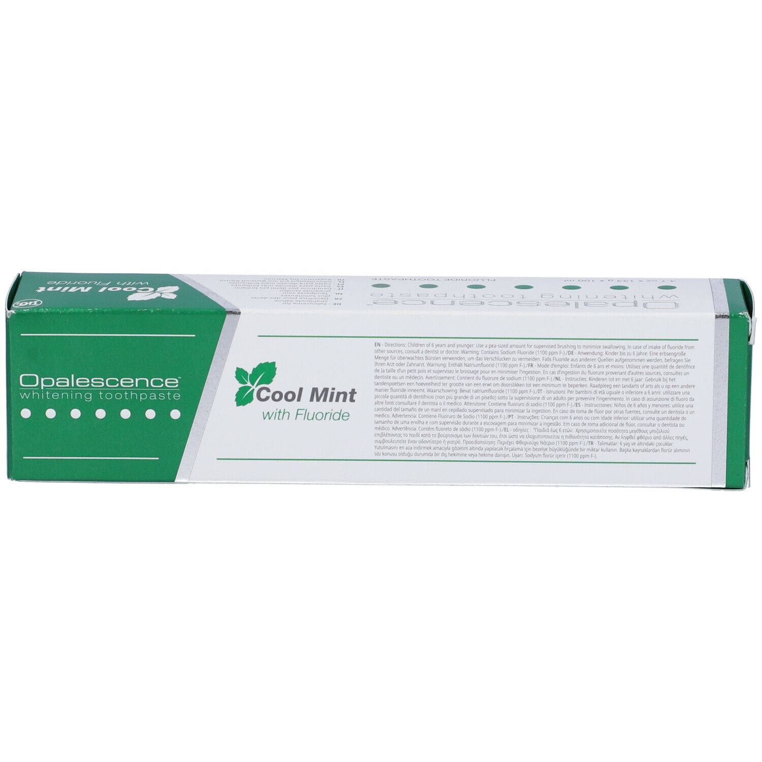 Scatola di dentifricio, parte superiore. Scritta: Opalescence whitening toothpaste. Cool Mint con fluoruro.