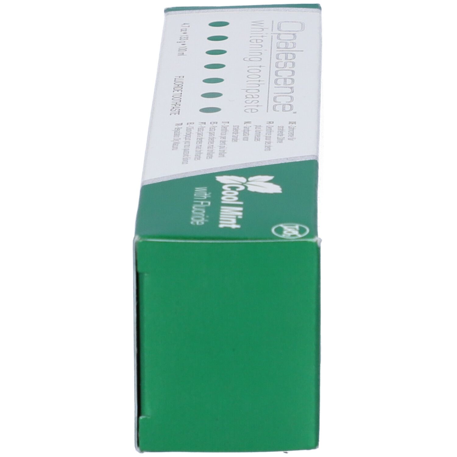 Scatola di dentifricio, lato verde. Scritta: Opalescence whitening toothpaste. Cool Mint con fluoruro.