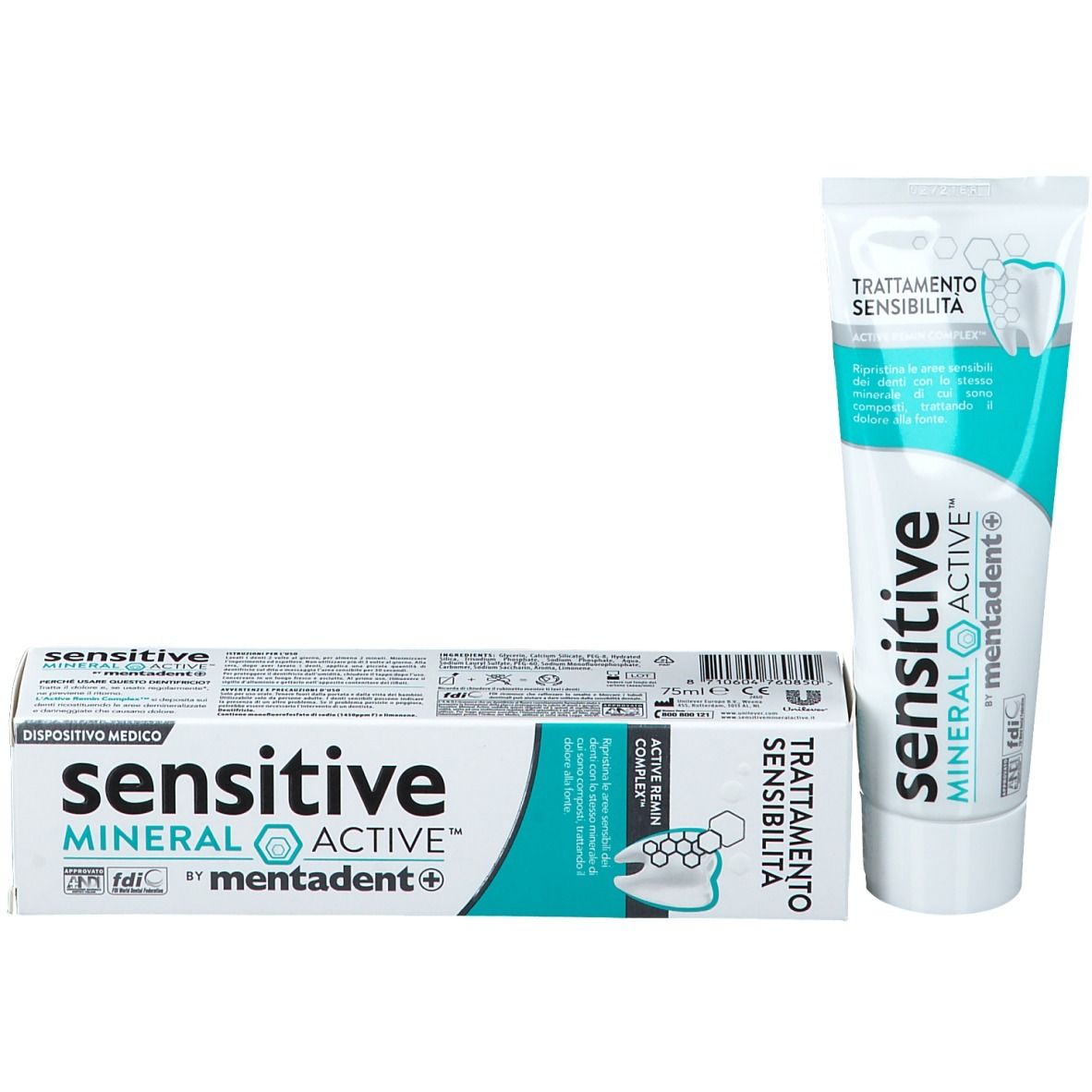 Tubetto di dentifricio e scatola. Tubetto bianco con dettagli turchesi. Scatola bianca con dettagli turchesi. Scritta: sensitive MINERAL ACTIVE mentadent+.
