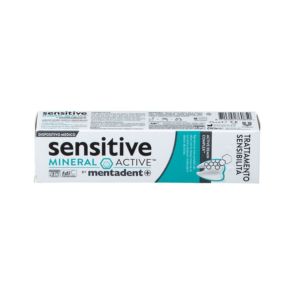 Scatola bianca con dettagli turchesi. Scritta: sensitive MINERAL ACTIVE mentadent+. Testo: TRATTAMENTO SENSIBILITA.