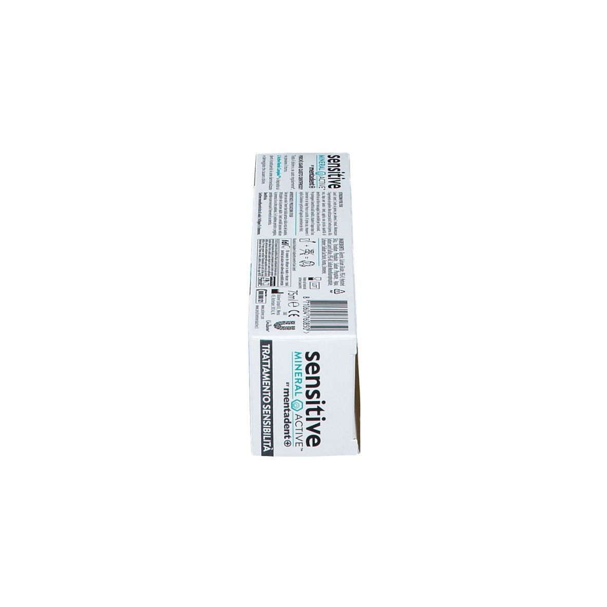 Scatola bianca, vista laterale. Scritta: sensitive MINERAL ACTIVE mentadent+. Testo: TRATTAMENTO SENSIBILITA.