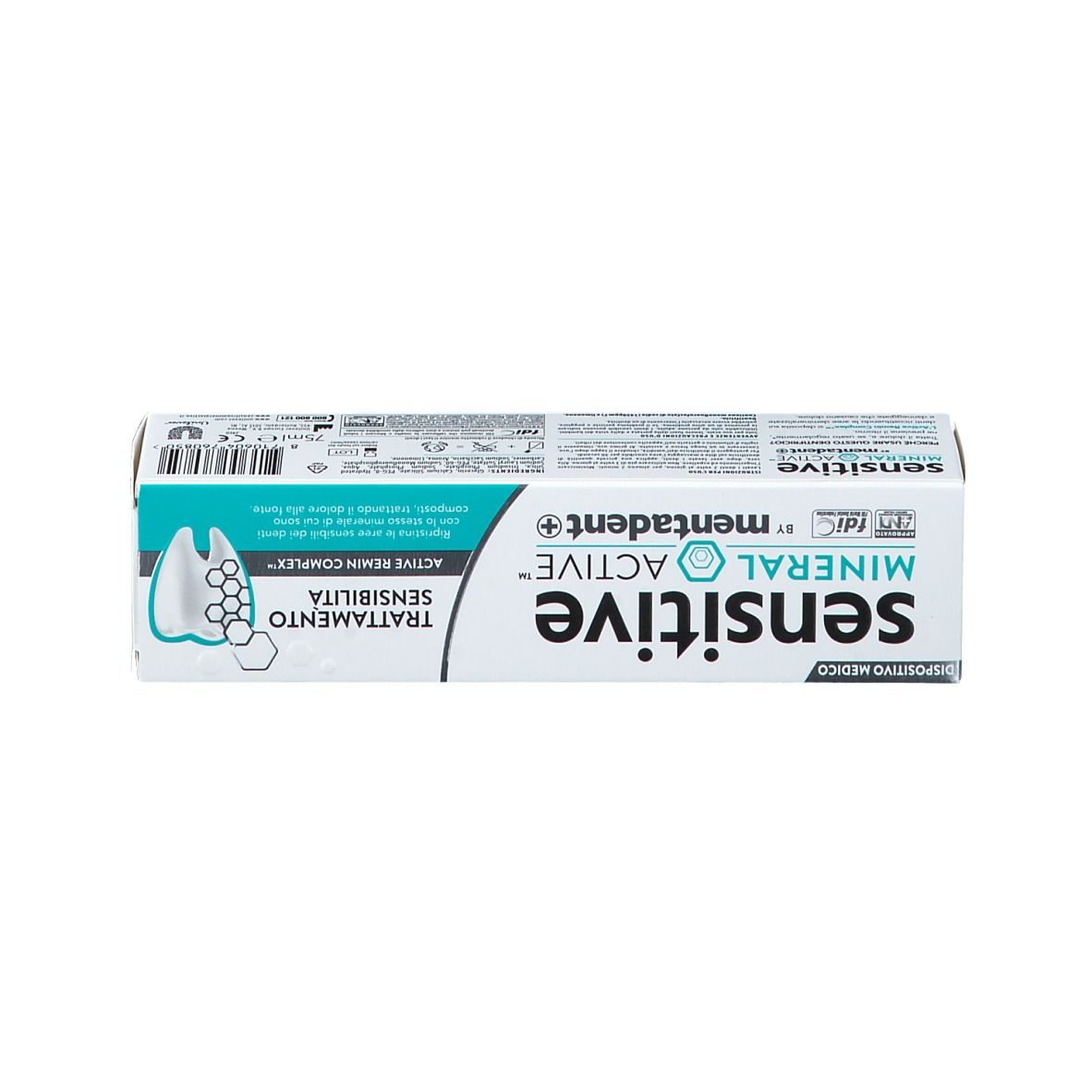 Scatola bianca con dettagli turchesi. Scritta: sensitive MINERAL ACTIVE mentadent+. Testo: TRATTAMENTO SENSIBILITA.
