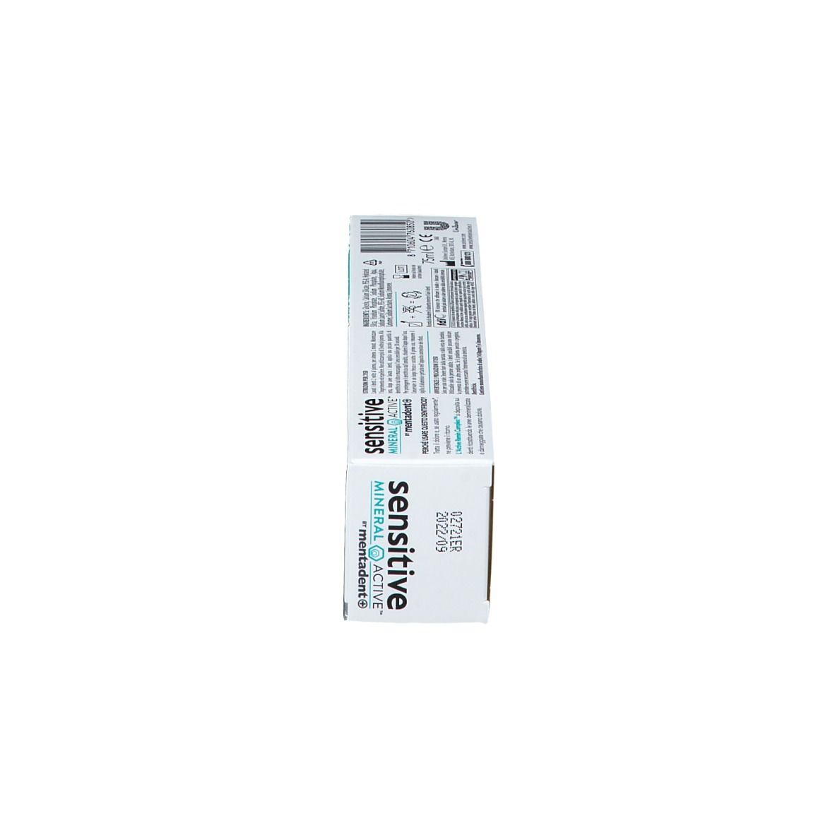 Scatola bianca, vista laterale. Scritta: sensitive MINERAL ACTIVE mentadent+. Testo e loghi.