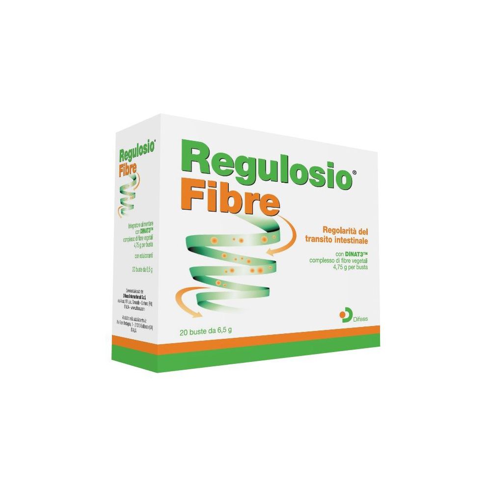 Scatola "Regulosio Fibre". Design verde e bianco. 20 bustine da 6,5 g. Testo e logo.