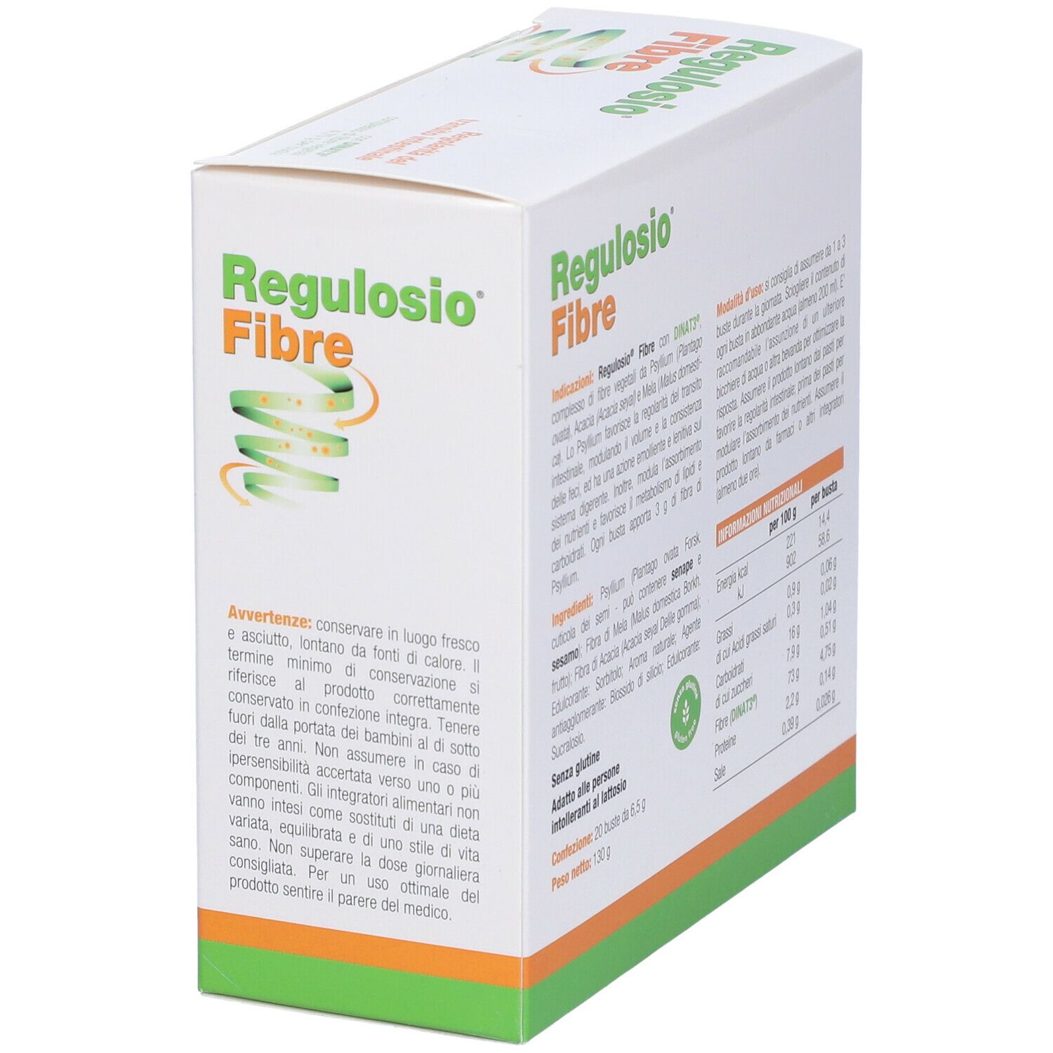 Scatola "Regulosio Fibre". Design verde e bianco. 20 bustine da 6,5 g. Logo e testo.