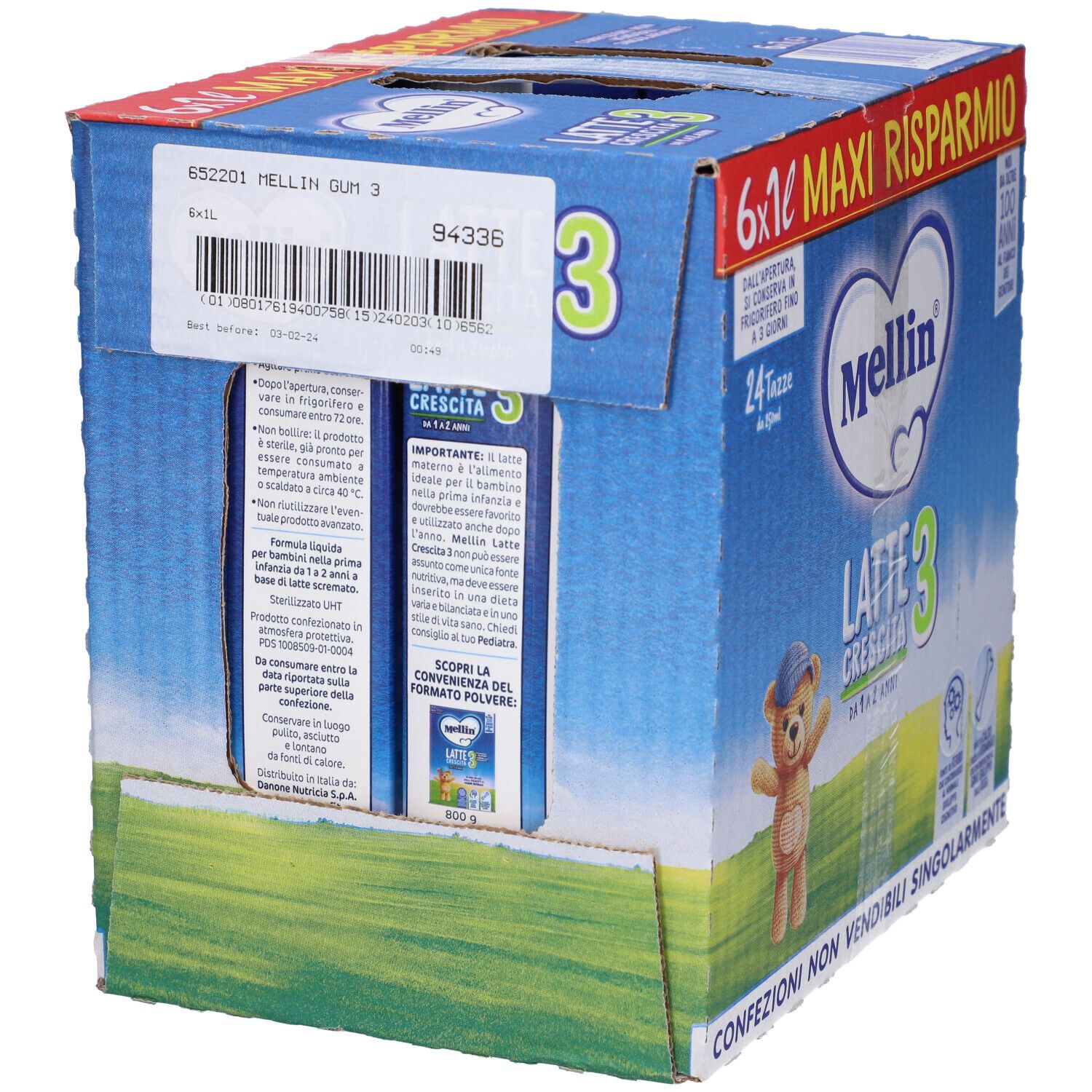 Scatola di Mellin Latte Crescita 3. Contiene 6x1l. Etichetta con codice a barre e informazioni. Scritte: Maxi Risparmio, 24 tazze.