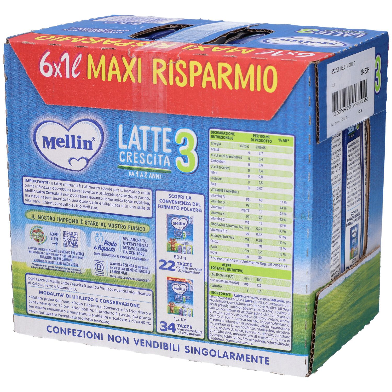 Scatola di Mellin Latte Crescita 3. Contiene 6x1l. Retro con informazioni e valori nutrizionali. Scritte: Maxi Risparmio.