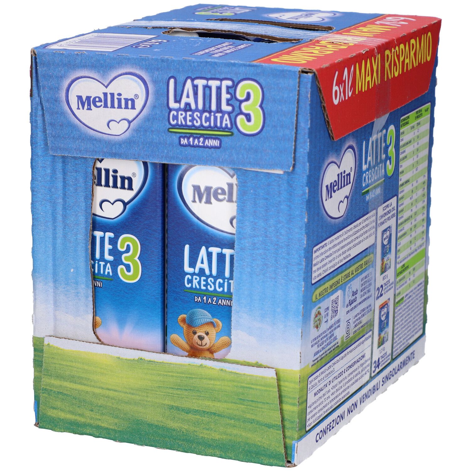 Scatola di Mellin Latte Crescita 3. Contiene 6x1l. Vista delle confezioni di latte. Scritte: Latte Crescita 3, Maxi Risparmio.