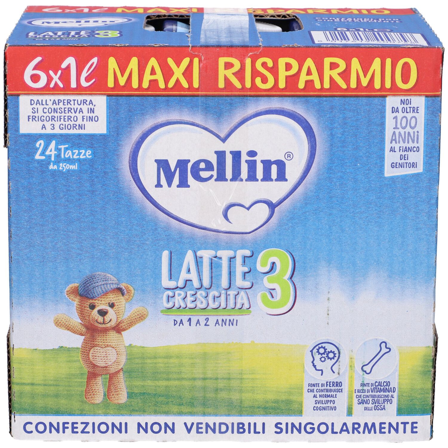 Scatola di Mellin Latte Crescita 3. Contiene 6x1l. Scritte: Maxi Risparmio, 24 tazze, illustrazione orsetto, logo.