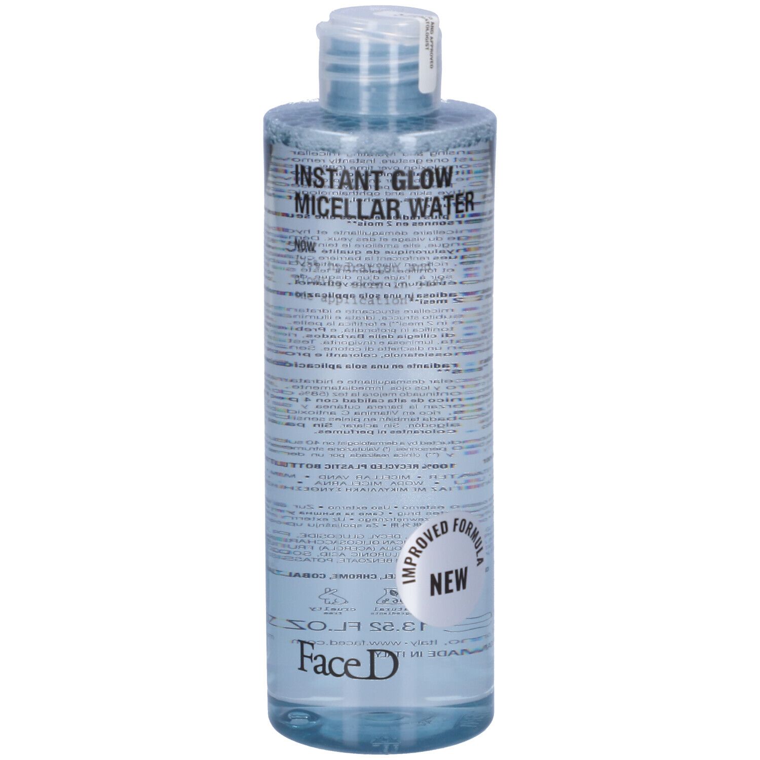 Klare Flasche mit blauem Inhalt. Aufschrift: INSTANT GLOW MICELLAR WATER, Face D. Neues Produkt.