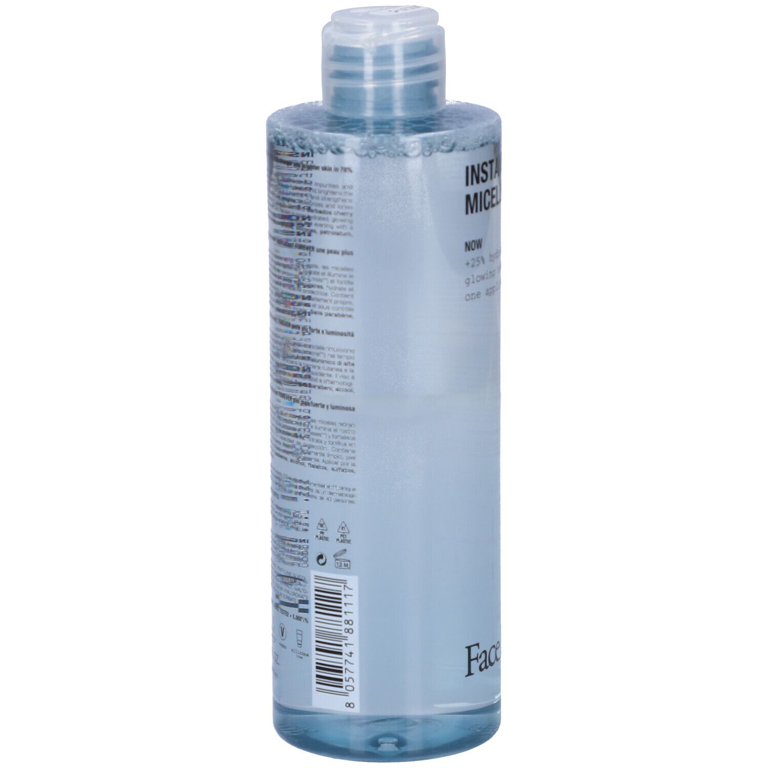 Klare Flasche mit blauem Inhalt. Aufschrift: INSTANT GLOW MICELLAR WATER, Face D. Neues Produkt.