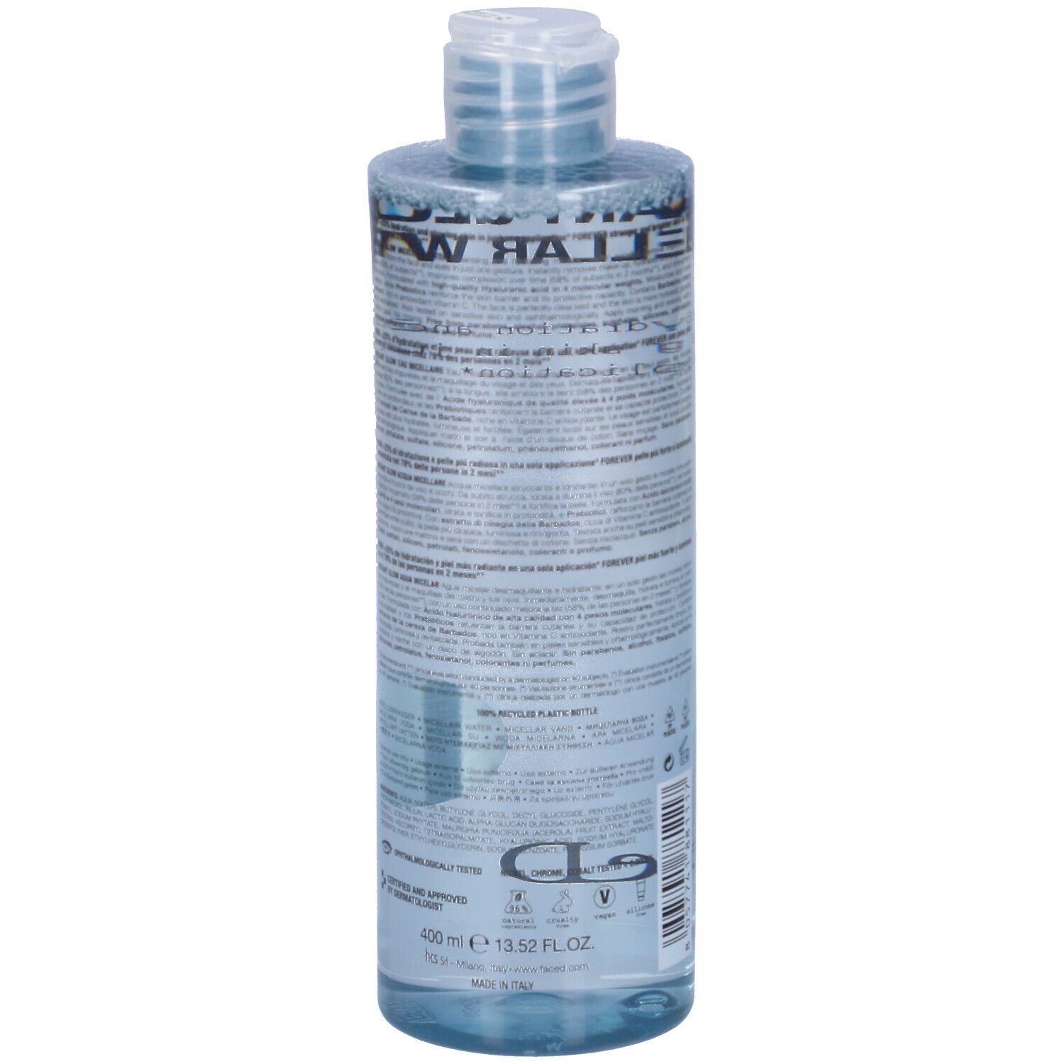Klare Flasche mit blauem Inhalt. Aufschrift: INSTANT GLOW MICELLAR WATER, Face D. Neues Produkt.