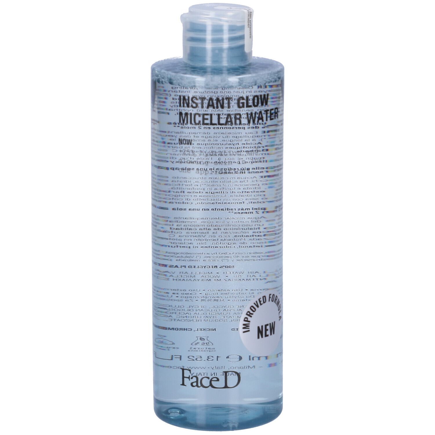 Klare Flasche mit blauem Inhalt. Aufschrift: INSTANT GLOW MICELLAR WATER, Face D. Neues Produkt.