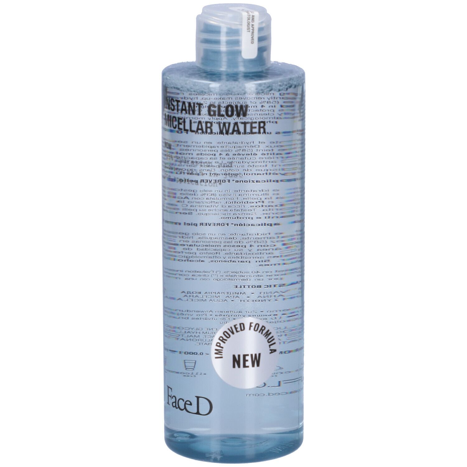 Klare Flasche mit blauem Inhalt. Aufschrift: INSTANT GLOW MICELLAR WATER, Face D. Neues Produkt.