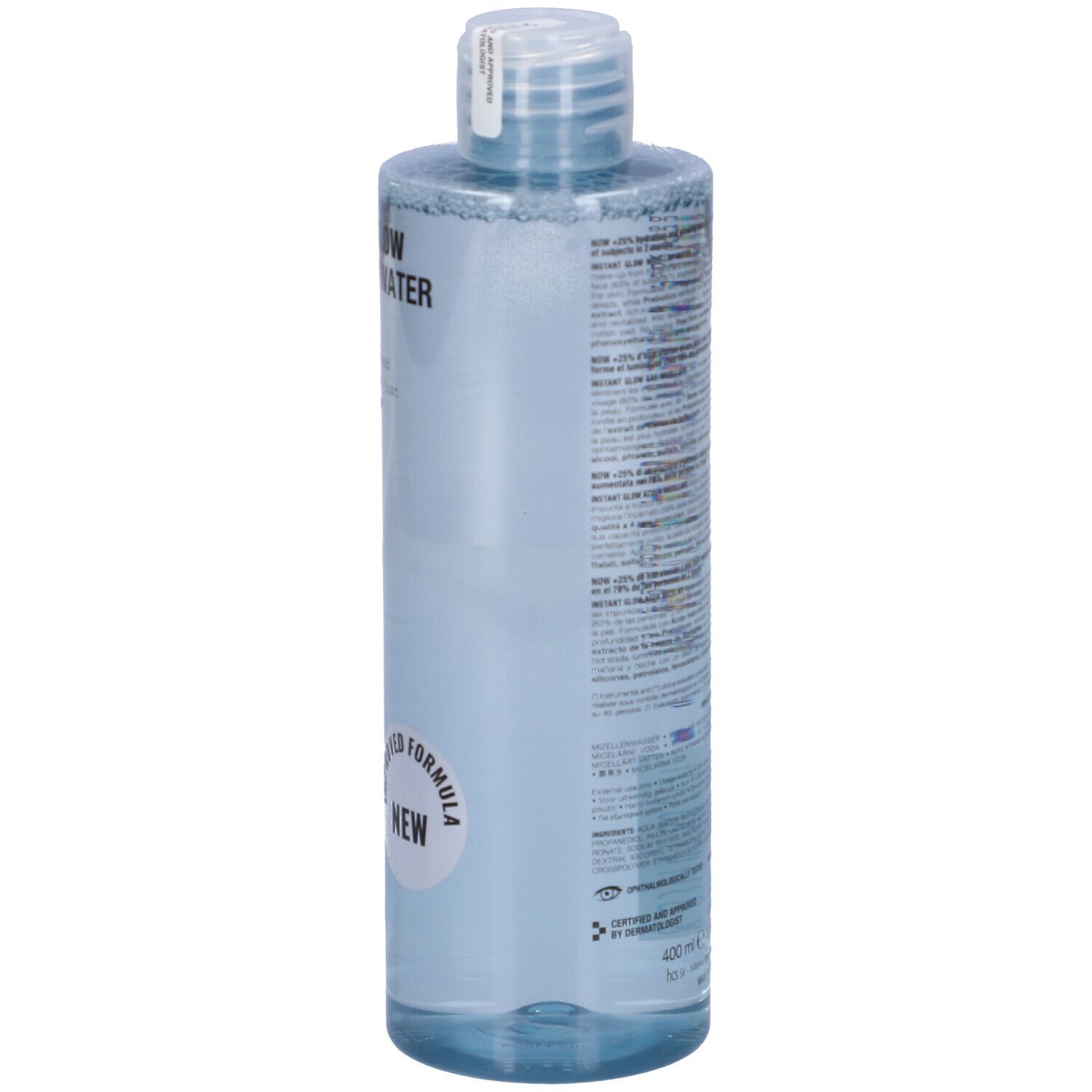 Klare Flasche mit blauem Inhalt. Aufschrift: INSTANT GLOW MICELLAR WATER, Face D. Neues Produkt.