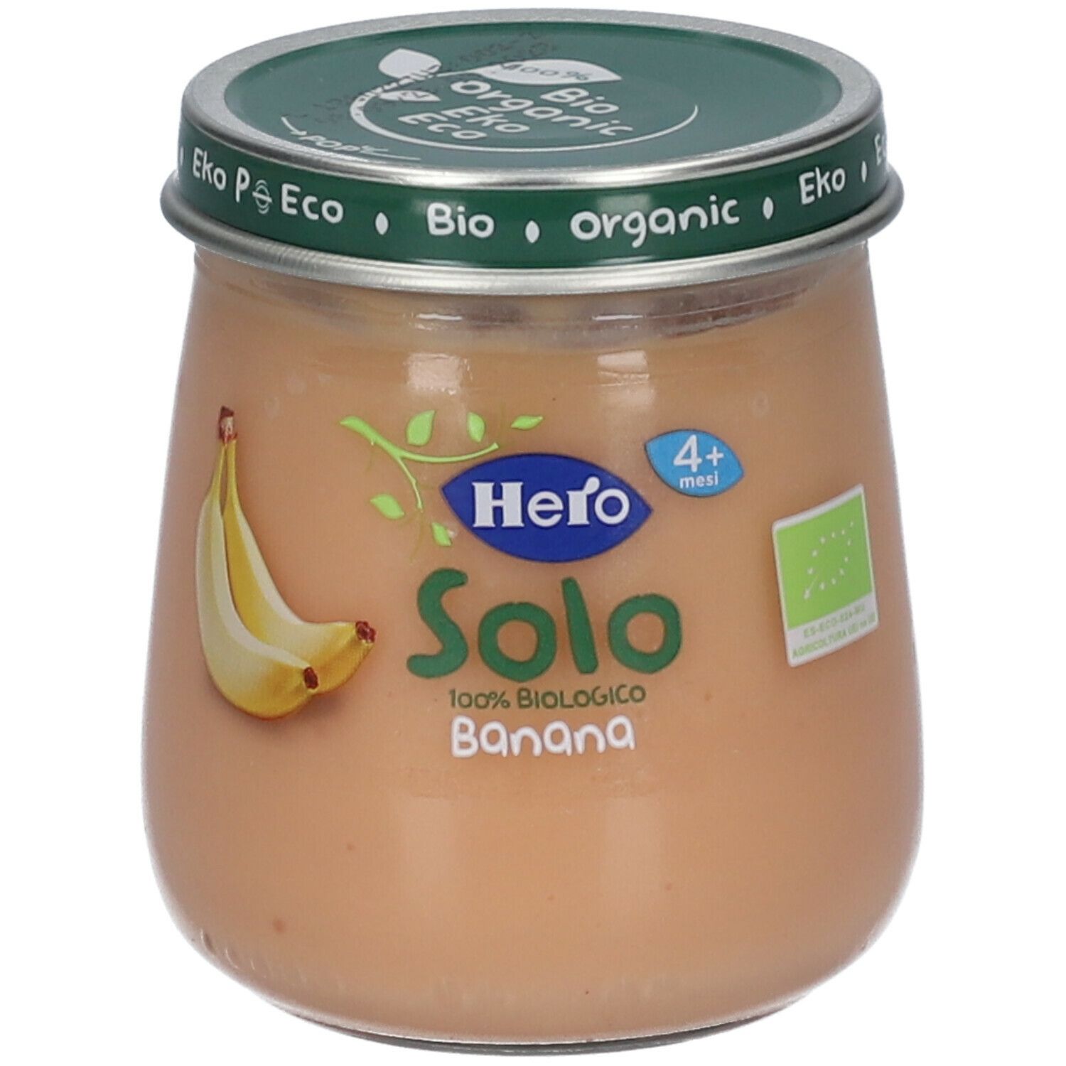 Vasetto di Hero Solo Omogeneizzato Banana. Etichetta con banana, logo e testo. Coperchio con sigillo bio.