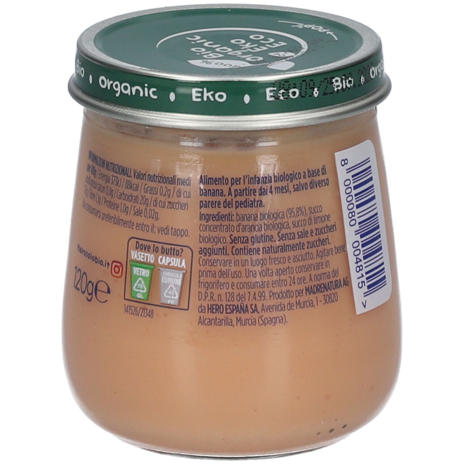 Vasetto Hero Solo Omogeneizzato Banana. Retro con informazioni nutrizionali e testo. Sigillo bio.