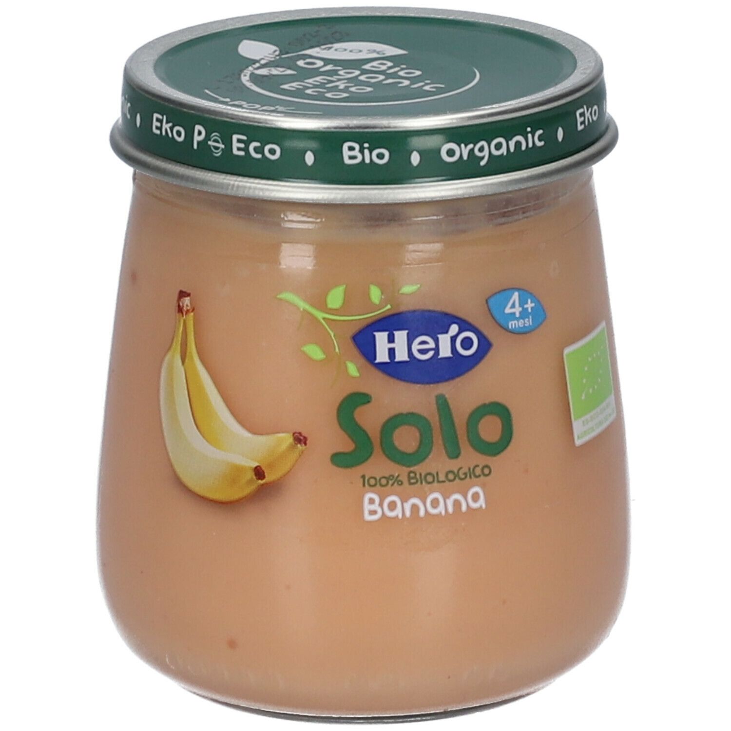 Vasetto Hero Solo Omogeneizzato Banana. Etichetta con banana, logo e testo. Coperchio con sigillo bio.