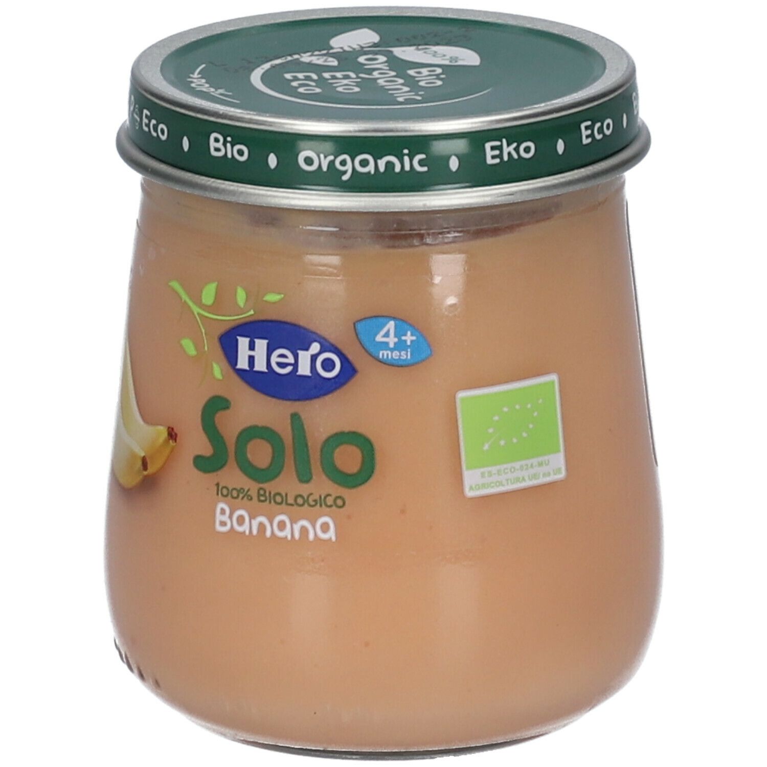 Vasetto Hero Solo Omogeneizzato Banana. Etichetta con logo, testo e sigillo bio. Coperchio con sigillo bio.