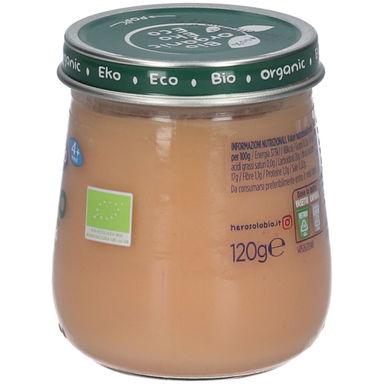 Vasetto Hero Solo Omogeneizzato Banana. Retro con informazioni nutrizionali e testo. Sigillo bio. 120g.