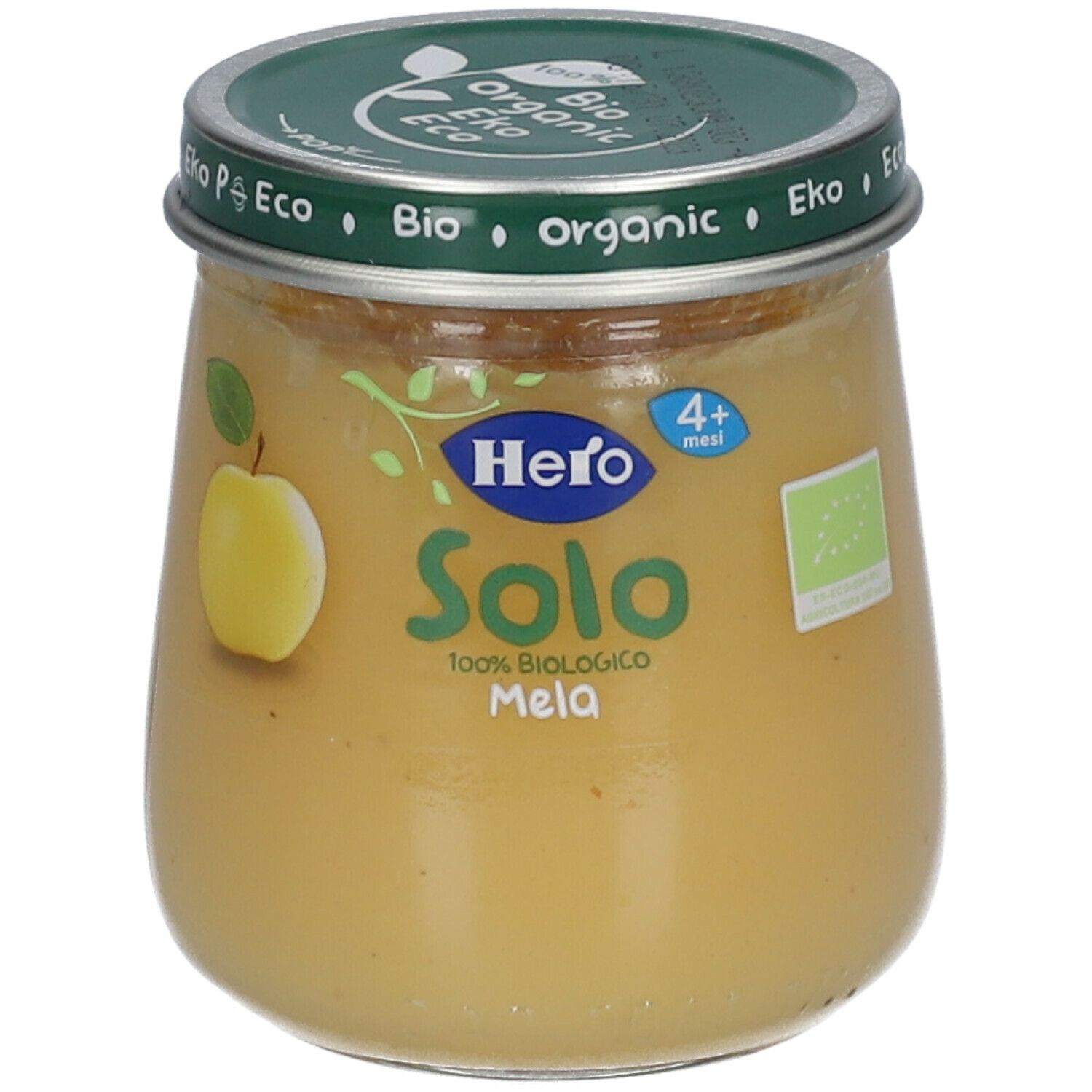 Vasetto di omogeneizzato. Coperchio verde con scritta 'Bio'. Etichetta con mela e 'Hero Solo Mela'.