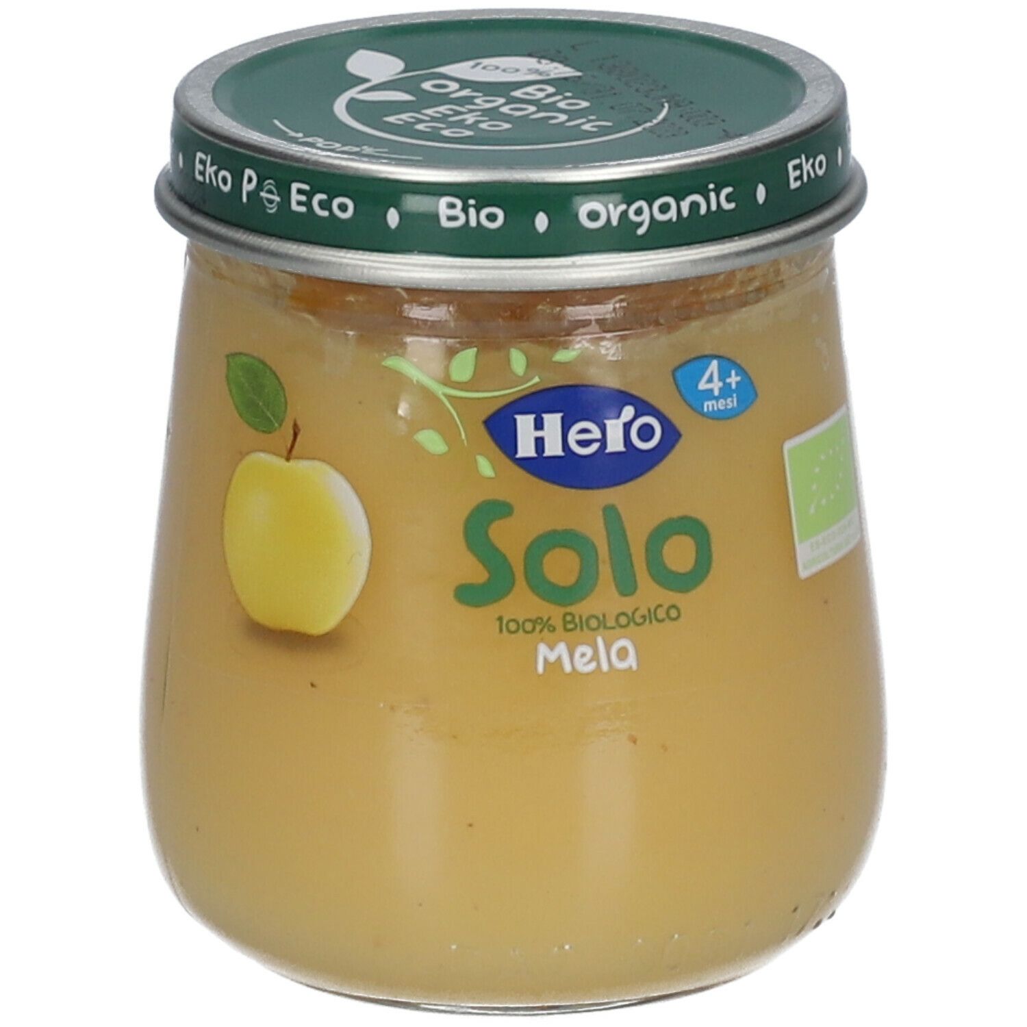 Vasetto di omogeneizzato. Coperchio verde con scritta 'Bio'. Etichetta con mela e 'Hero Solo Mela'.