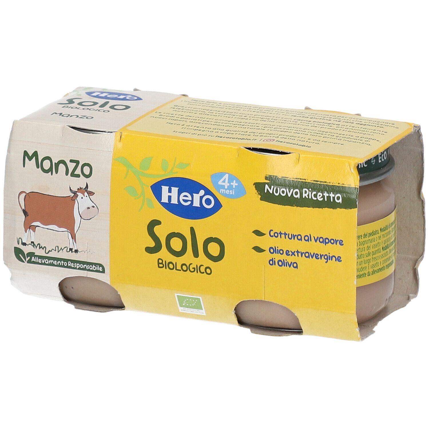 Hero Solo Omogeneizzato Manzo, 4+ mesi. Confezione da 2 vasetti. Certificazione bio. Scritta: Manzo, manzo.