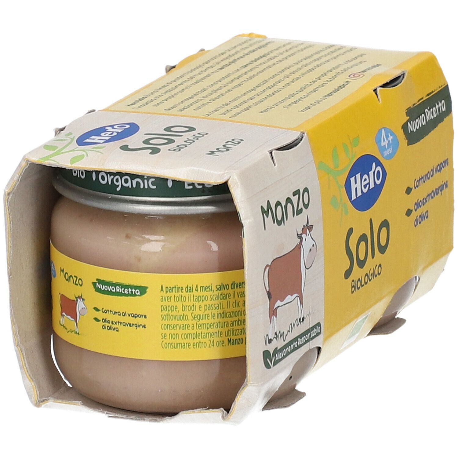 Hero Solo Omogeneizzato Manzo, 4+ mesi. Vasetto con coperchio. Certificazione bio. Scritta: Manzo, manzo.
