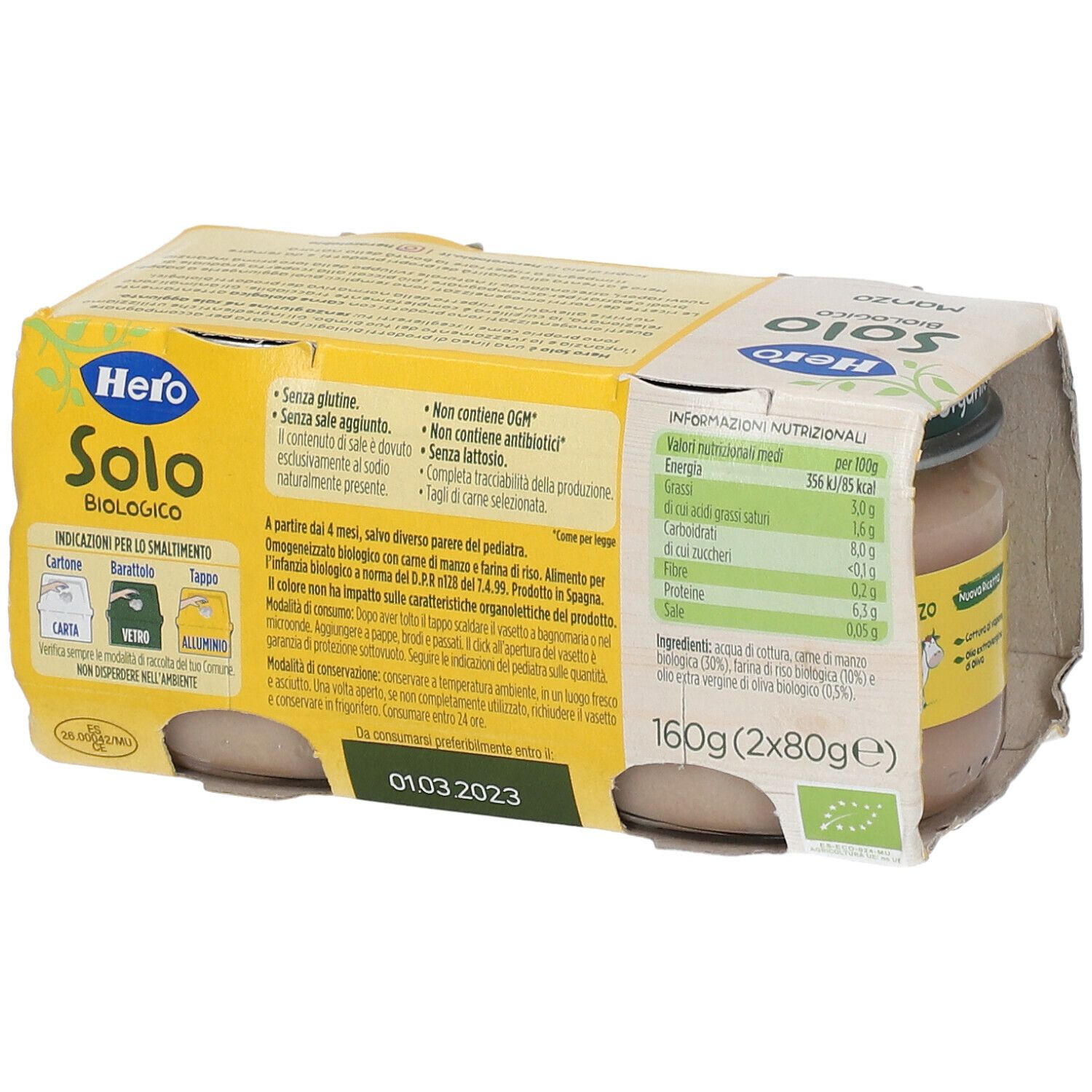 Hero Solo Omogeneizzato Manzo, 4+ mesi. Confezione da 2 vasetti. Certificazione bio. Informazioni nutrizionali. 160g (2x80g).