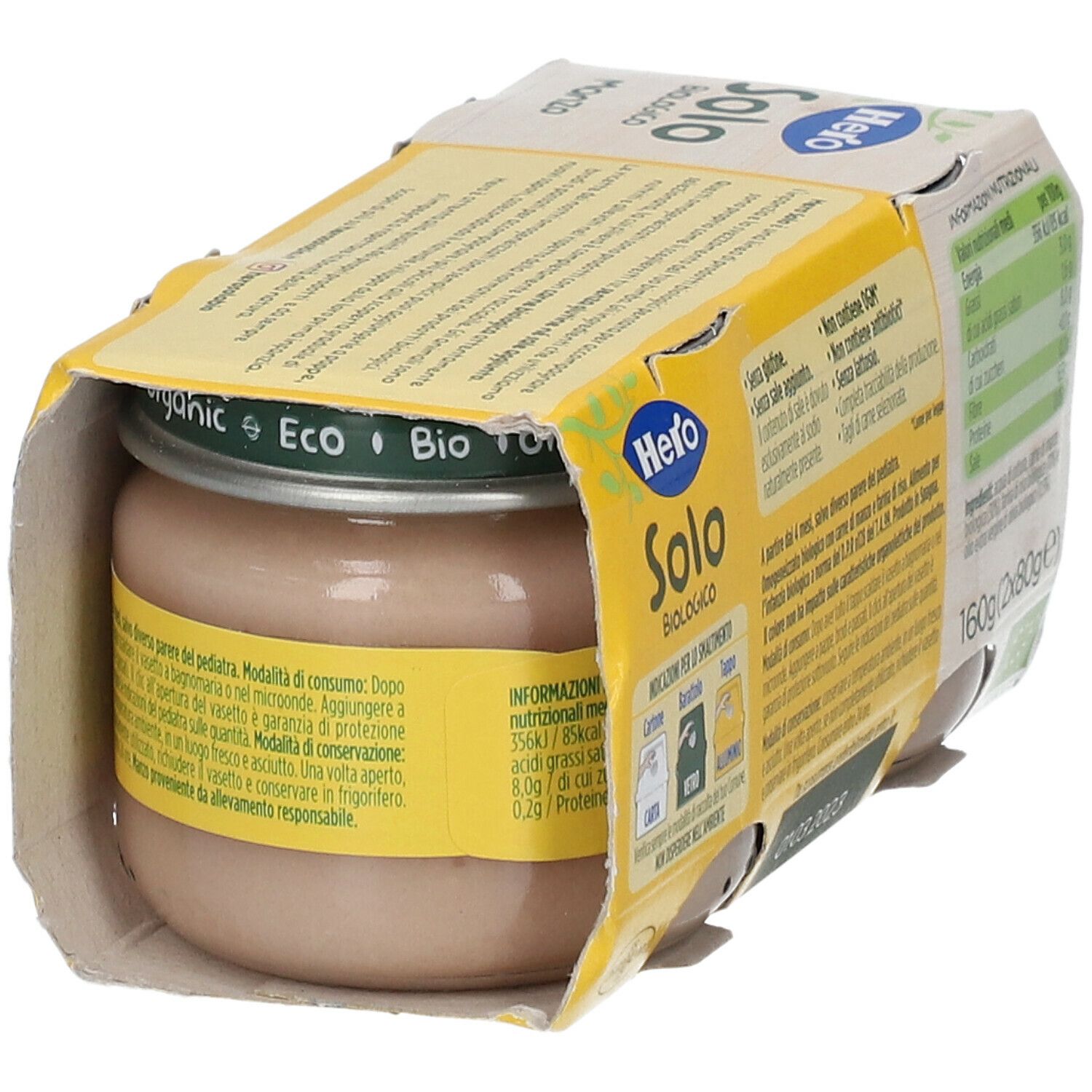 Hero Solo Omogeneizzato Manzo, 4+ mesi. Vasetto con coperchio. Certificazione bio. Informazioni nutrizionali. 160g (2x80g).