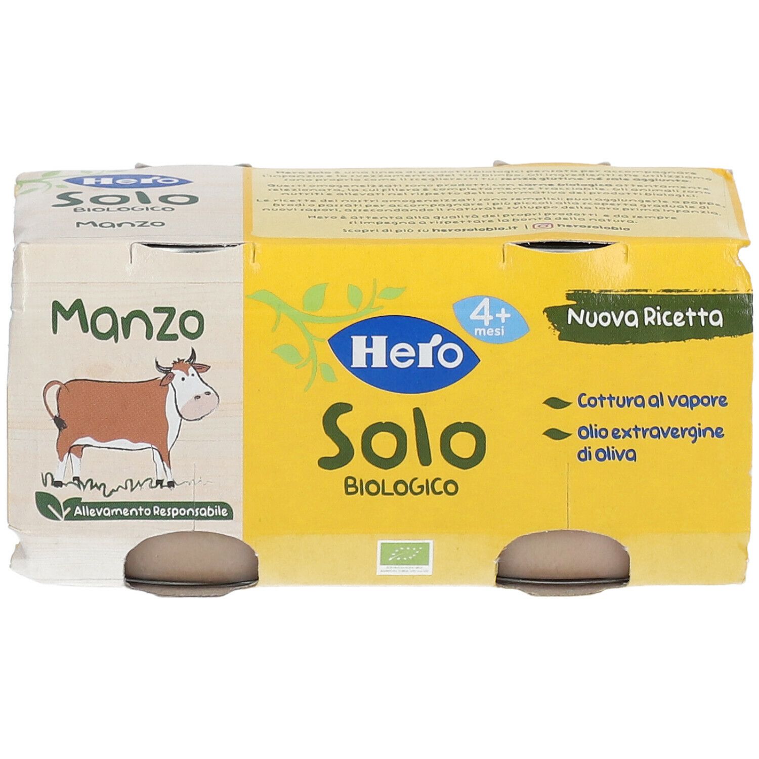 Hero Solo Omogeneizzato Manzo, 4+ mesi. Confezione da 2 vasetti. Certificazione bio. Scritta: Manzo, manzo.
