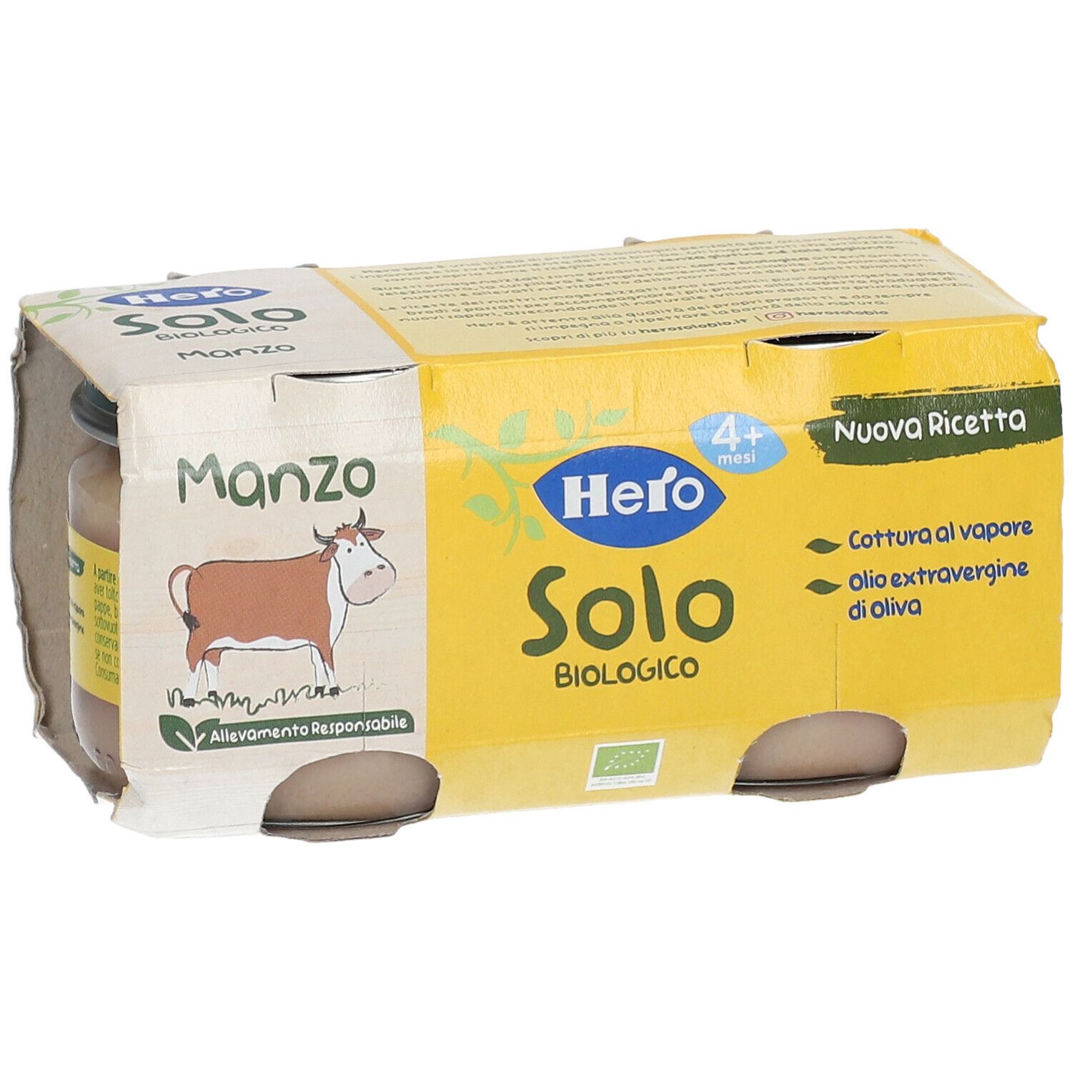 Hero Solo Omogeneizzato Manzo, 4+ mesi. Confezione da 2 vasetti. Certificazione bio. Scritta: Manzo, manzo.