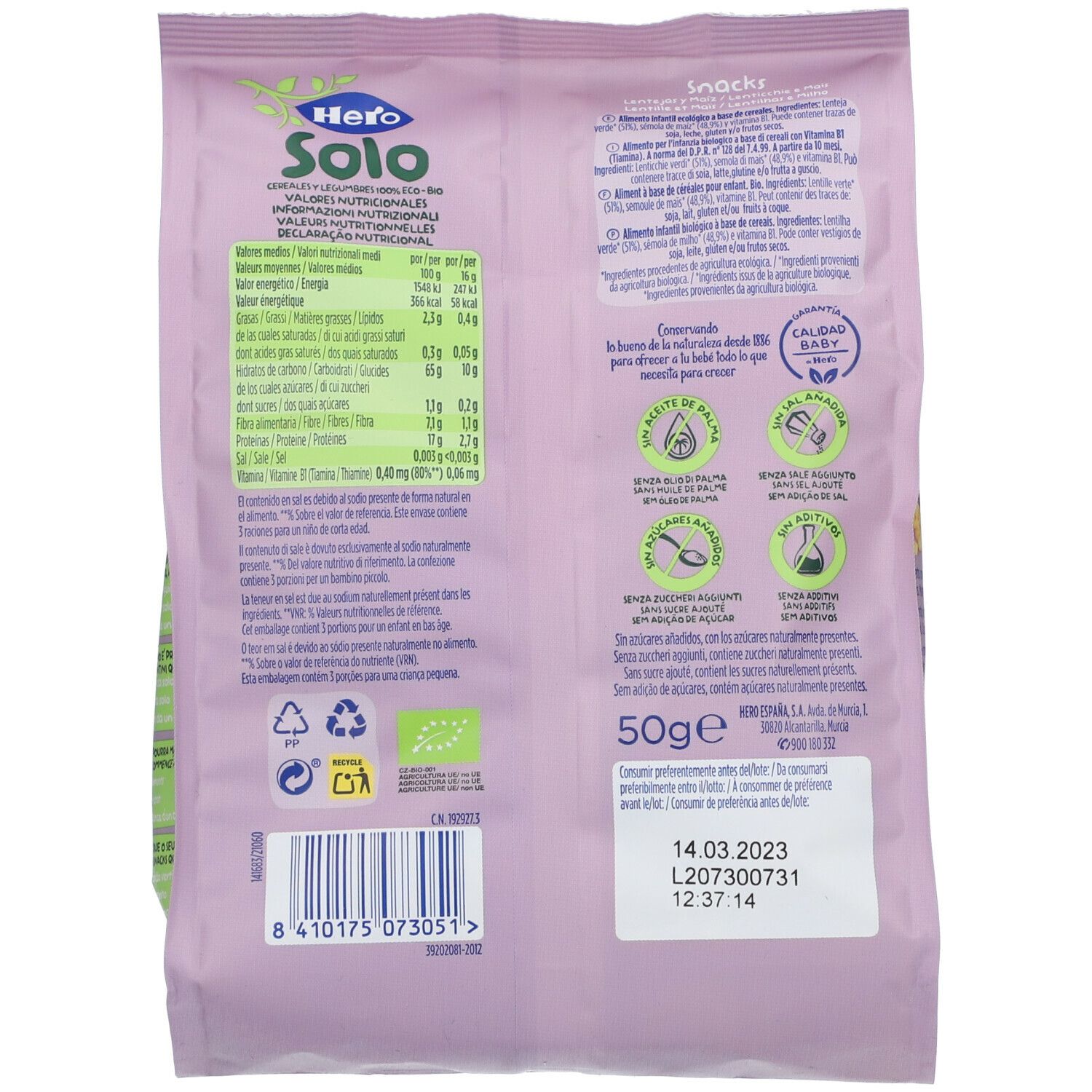 Retro della confezione Hero Solo Snacks. Informazioni nutrizionali, marchio bio e scadenza.