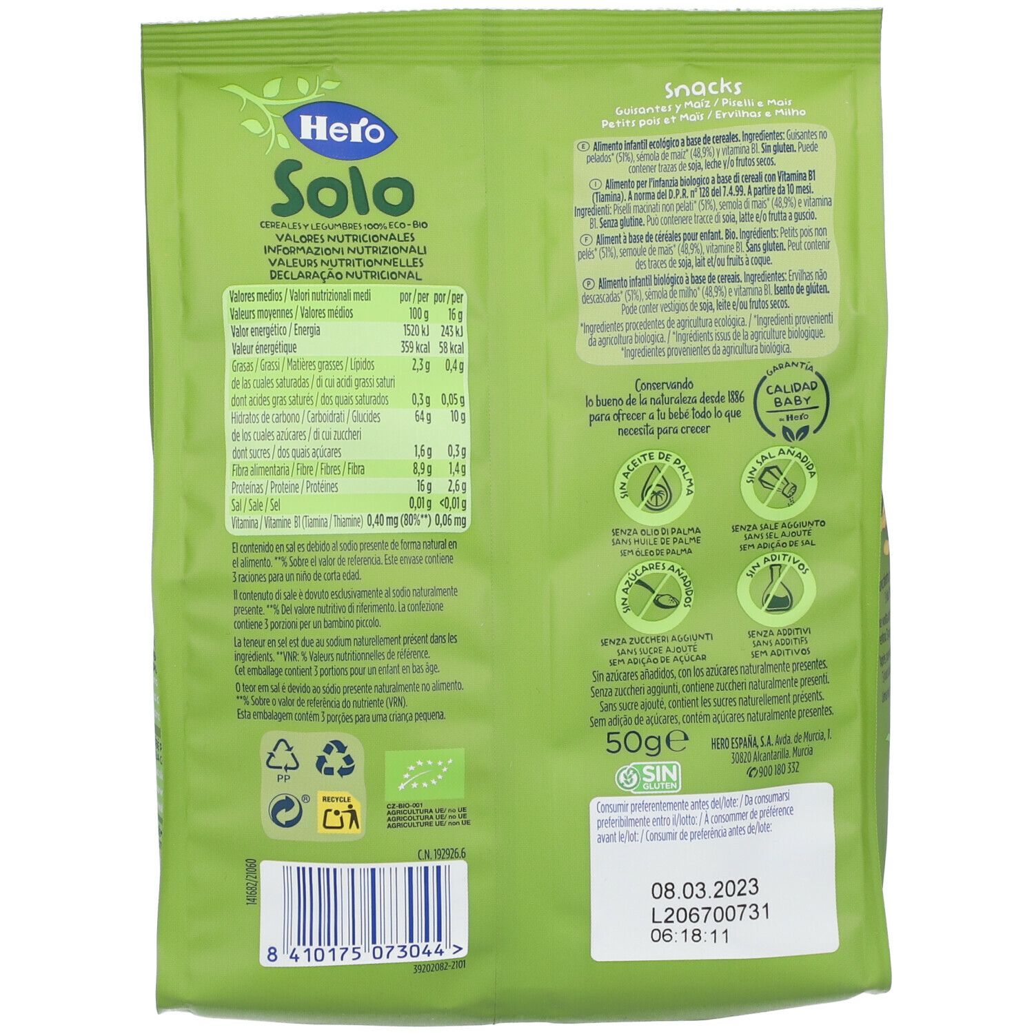 Confezione verde di Hero Solo Snacks. Contiene informazioni nutrizionali, loghi e data di scadenza.
