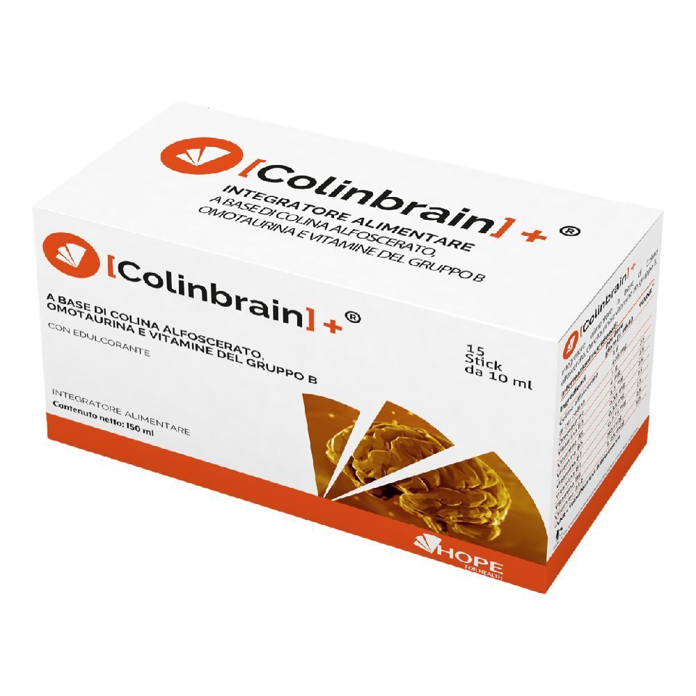 Confezione di Colinbrain+ con 15 stick. Scritta: Integratore alimentare. Logo: HOPE.