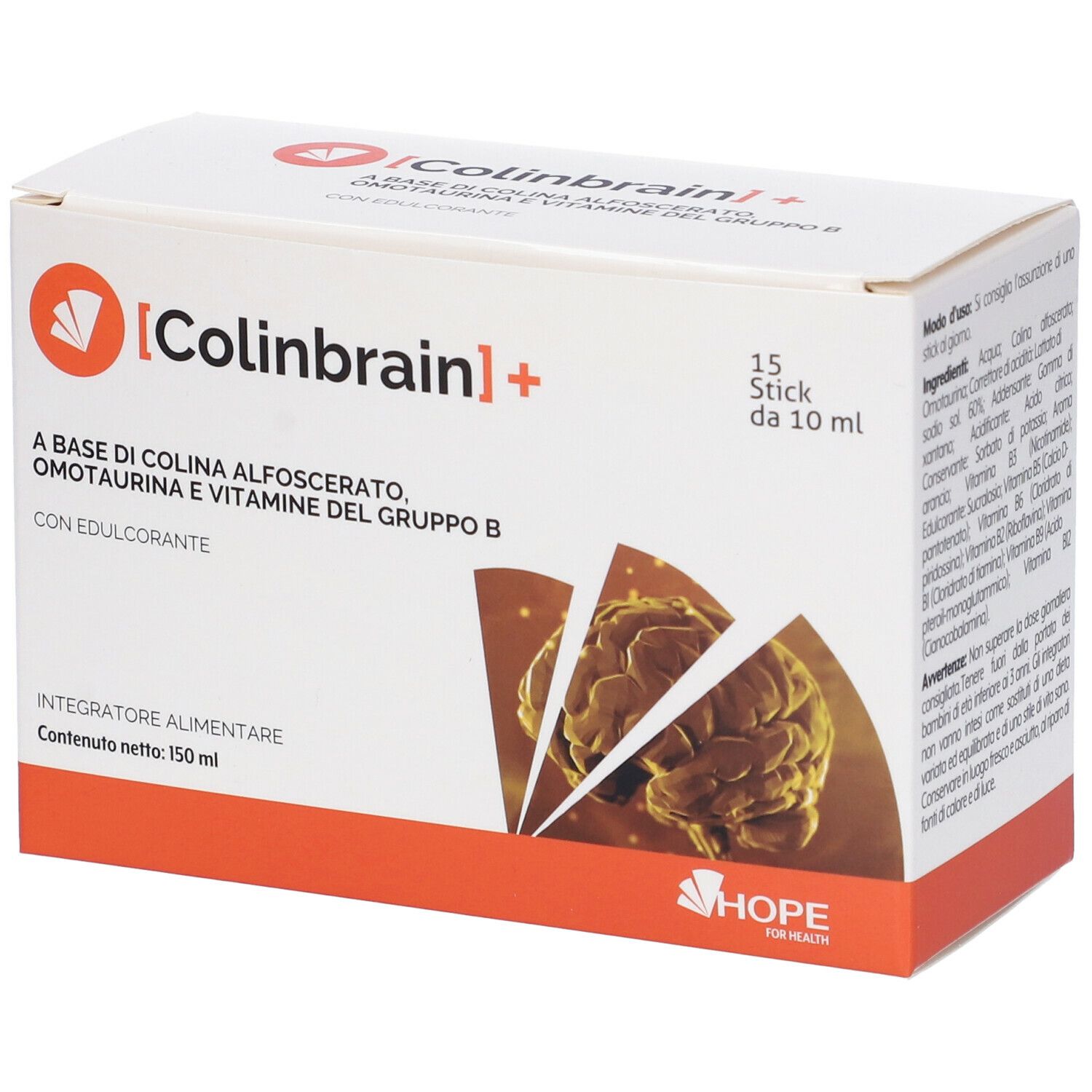 Confezione di Colinbrain+ con 15 stick. Scritta: Integratore alimentare. Logo: HOPE.
