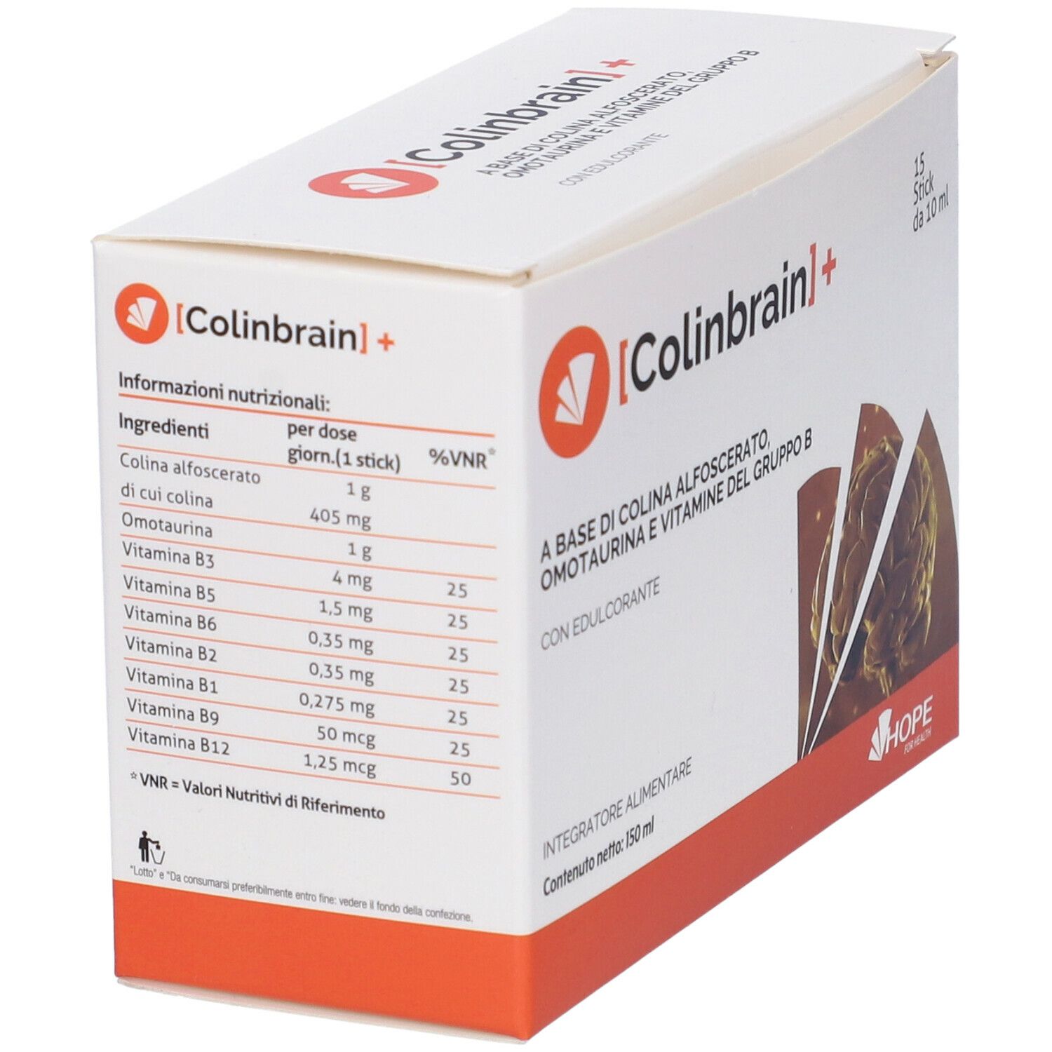 Confezione di Colinbrain+ con 15 stick. Scritta: Integratore alimentare. Logo: HOPE.