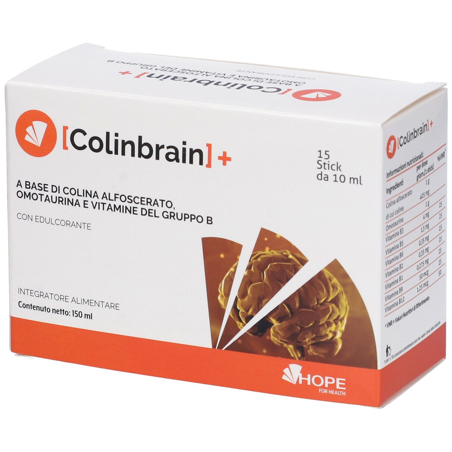 Confezione di Colinbrain+ con 15 stick. Scritta: Integratore alimentare. Logo: HOPE.