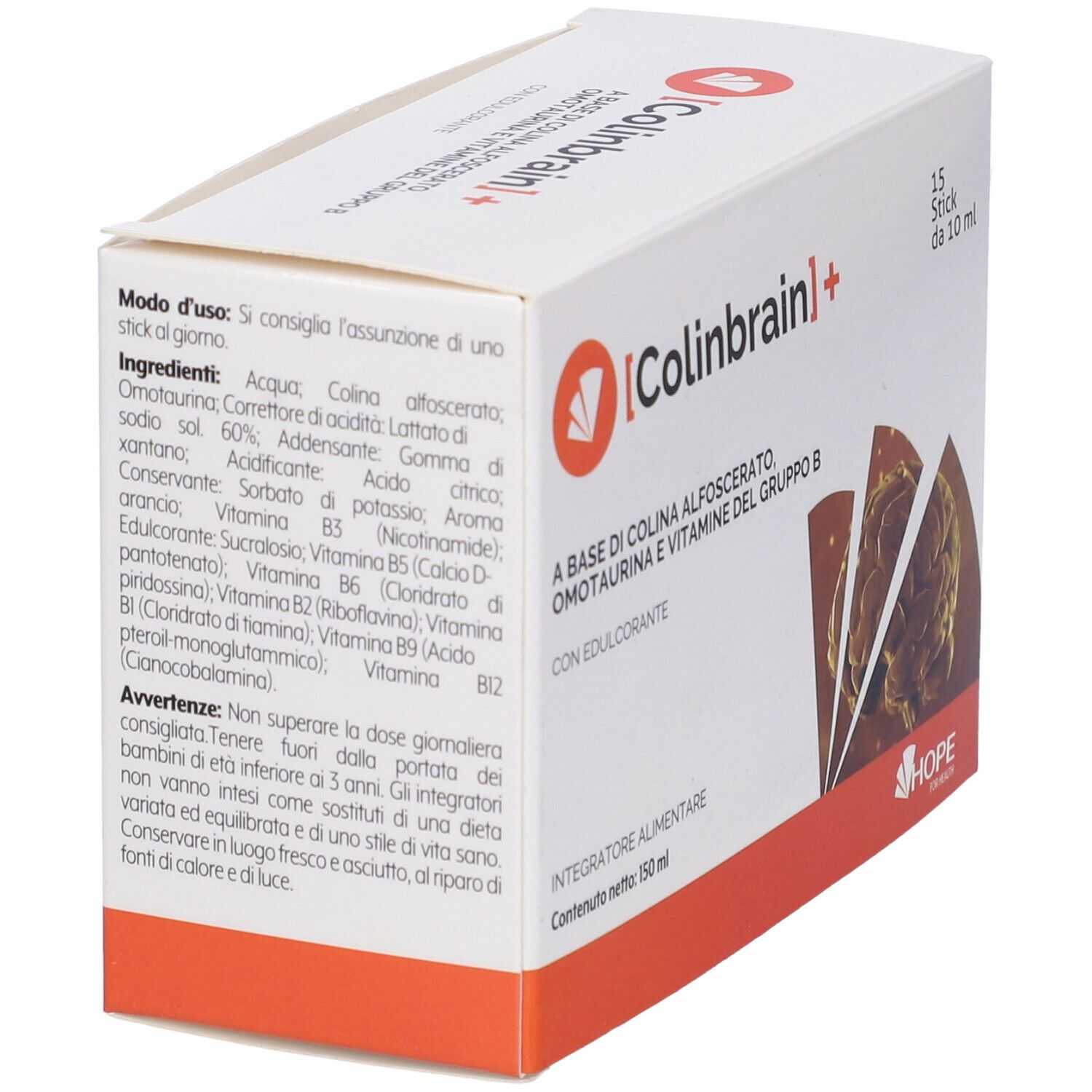 Confezione di Colinbrain+ con 15 stick. Scritta: Integratore alimentare. Logo: HOPE.