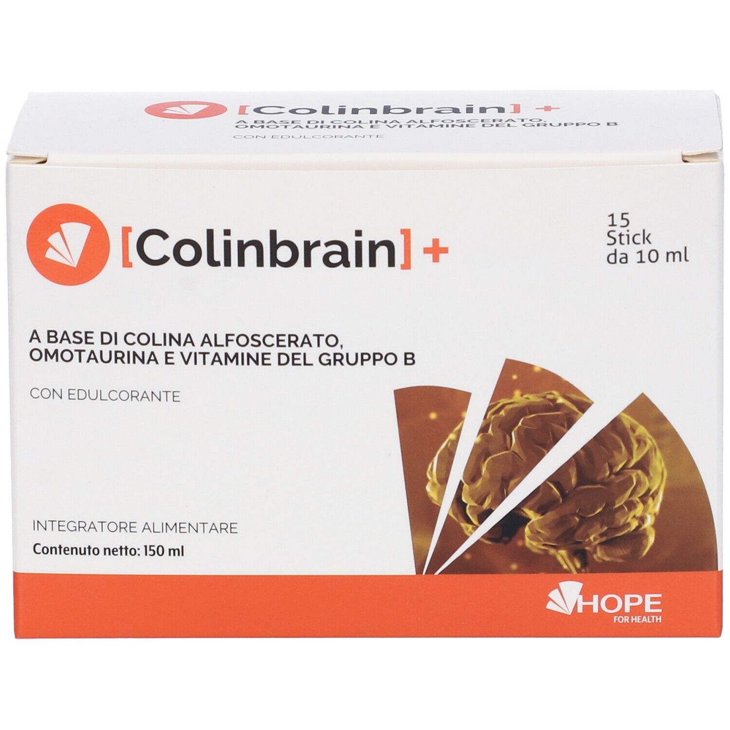 Confezione di Colinbrain+ con 15 stick. Scritta: Integratore alimentare. Logo: HOPE.