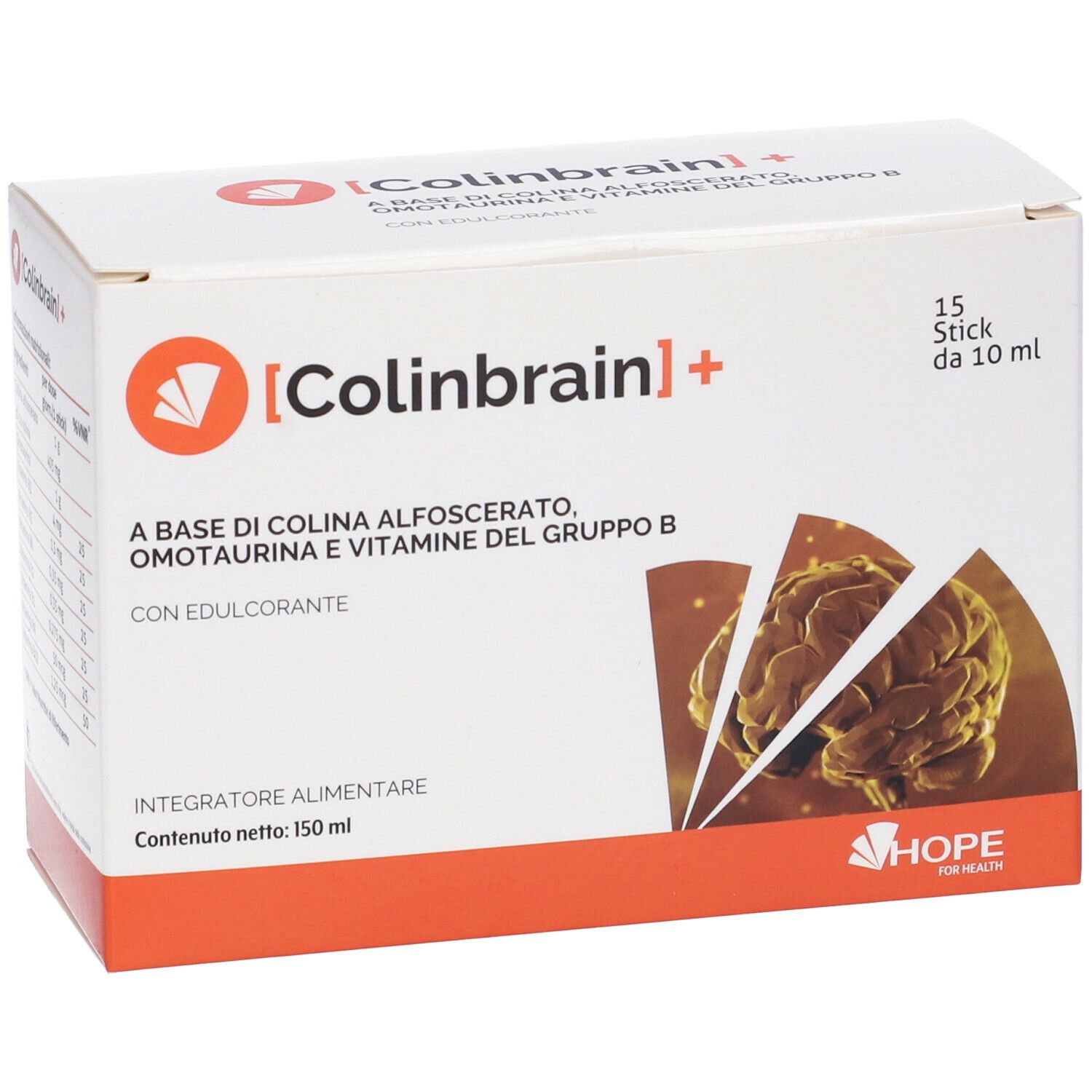 Confezione di Colinbrain+ con 15 stick. Scritta: Integratore alimentare. Logo: HOPE.