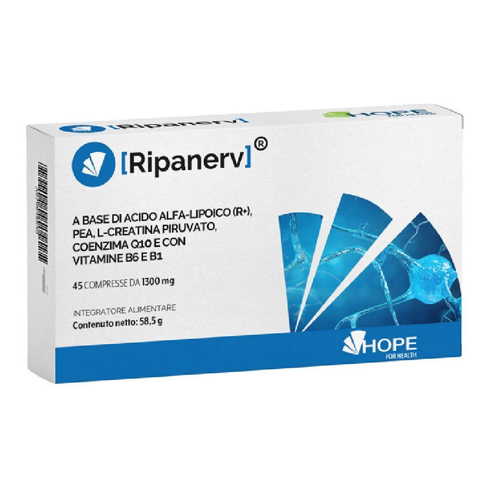 Scatola bianca e blu. Testo: Ripanerv, 45 compresse, ingredienti. Marchio: Hope for Health.