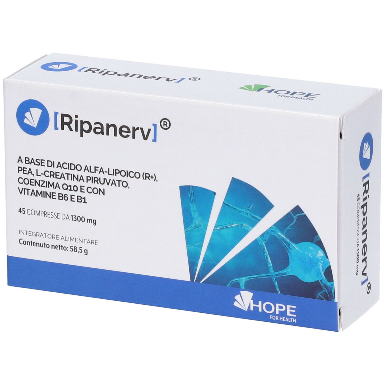 Scatola bianca e blu. Testo: Ripanerv, 45 compresse, ingredienti. Marchio: Hope for Health.