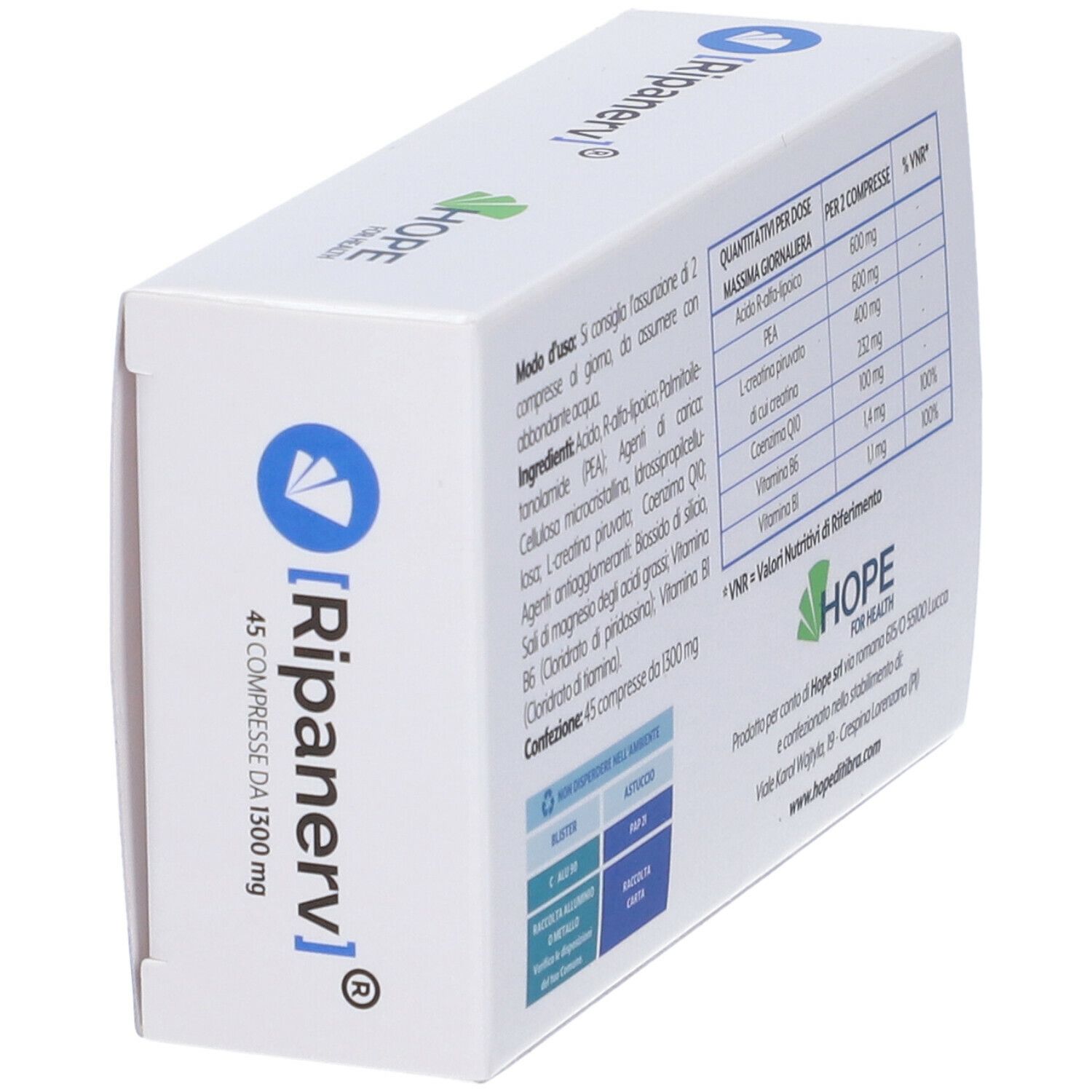 Scatola bianca e blu. Testo: Ripanerv, 45 compresse, ingredienti. Marchio: Hope for Health.