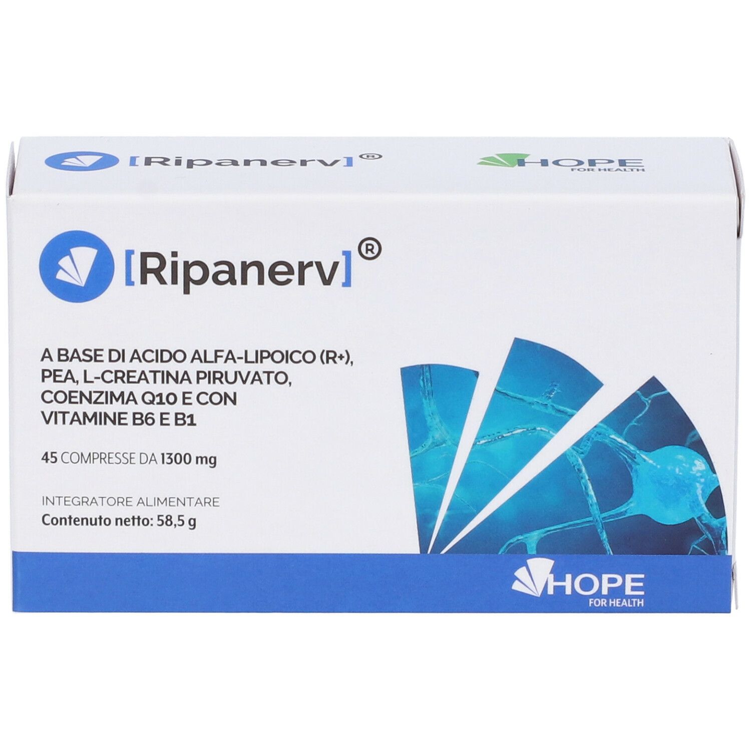 Scatola bianca e blu. Testo: Ripanerv, 45 compresse, ingredienti. Marchio: Hope for Health.