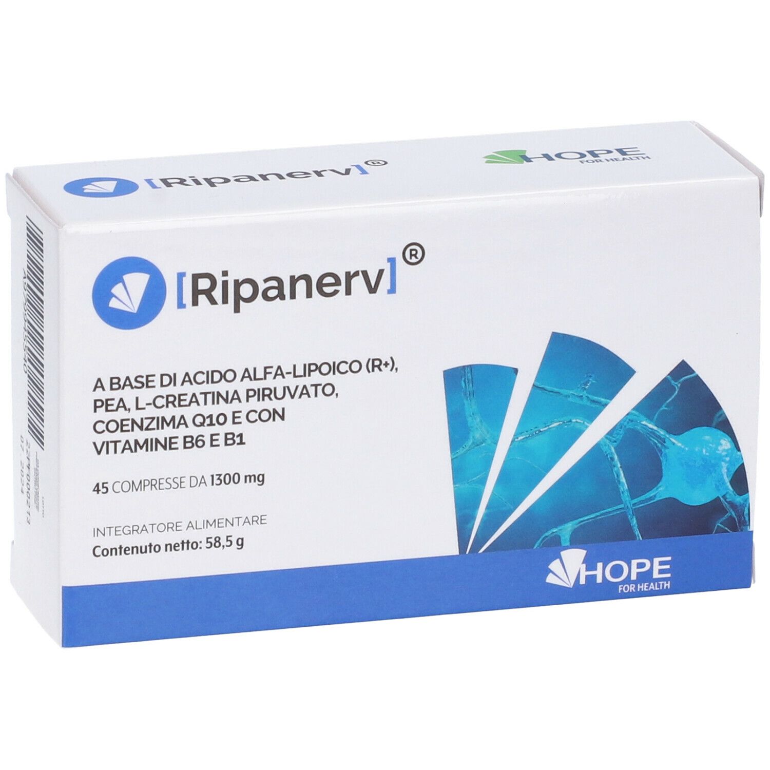 Scatola bianca e blu. Testo: Ripanerv, 45 compresse, ingredienti. Marchio: Hope for Health.