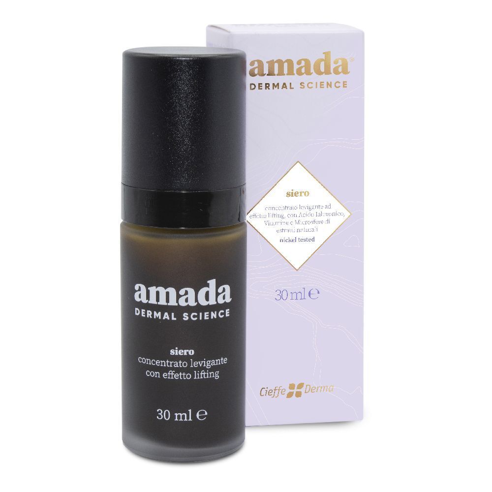 Flacone di vetro marrone con tappo nero e confezione bianca. Scritta: amada, siero, 30 ml e.