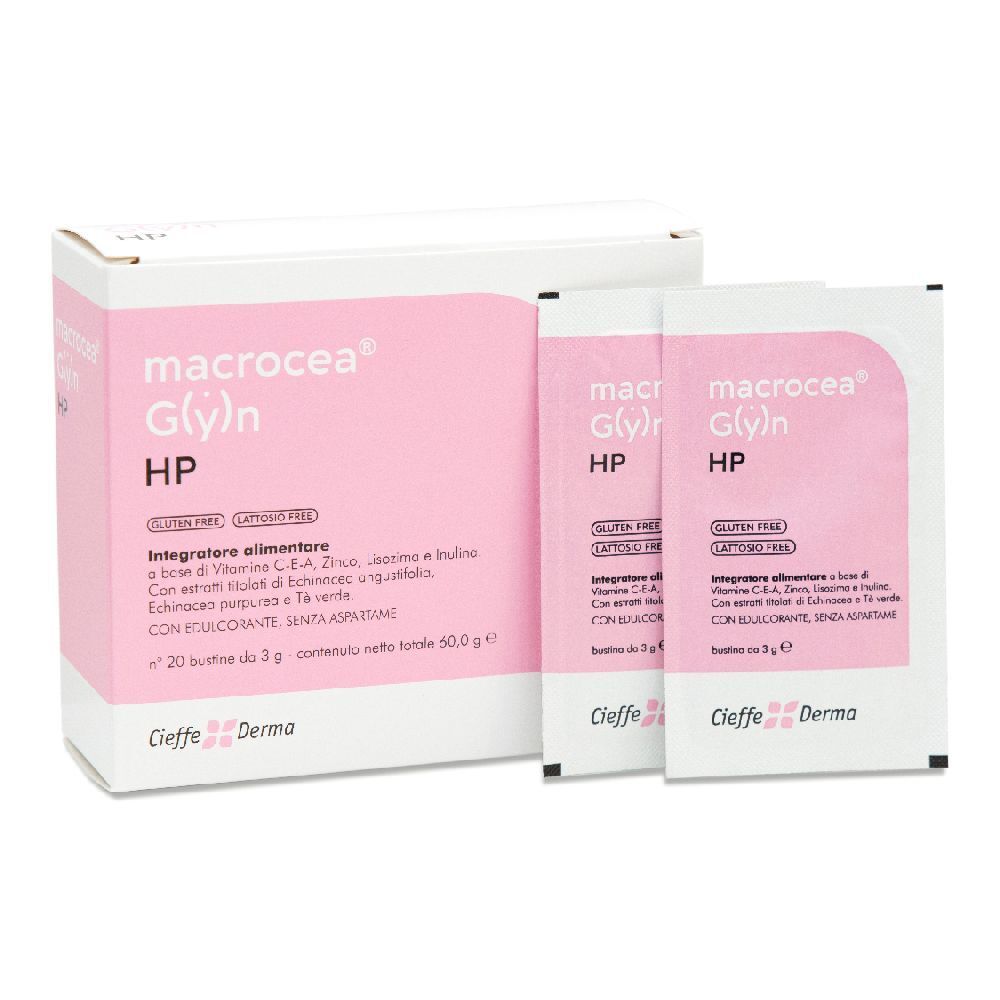 Confezione e bustine. Scritta: Macrocea G(y)n HP. Senza glutine. Senza lattosio. 20 bustine. Marca: Cieffe Derma.