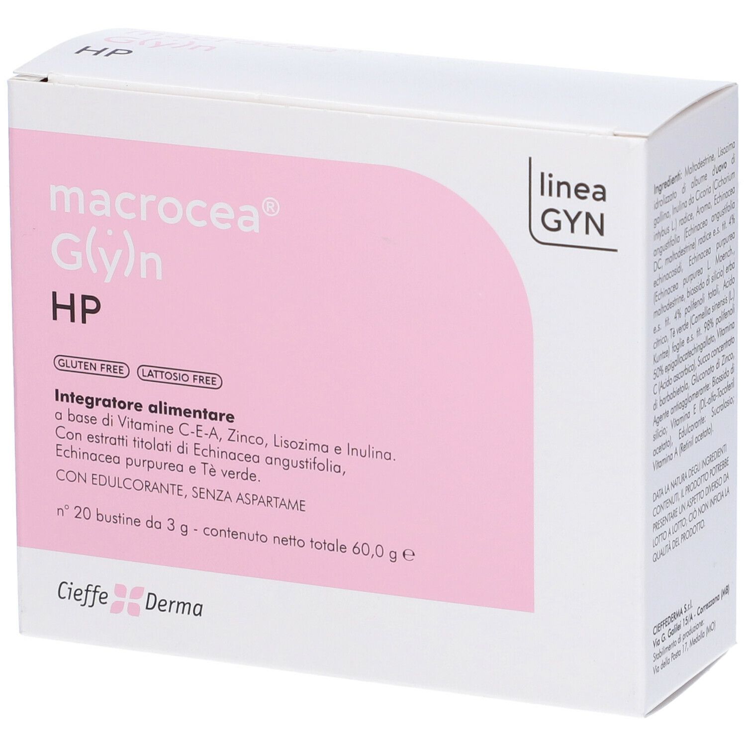 Scatola bianca e rosa. Scritta: Macrocea G(y)n HP. Senza glutine. Senza lattosio. Linea GYN. Marca: Cieffe Derma.